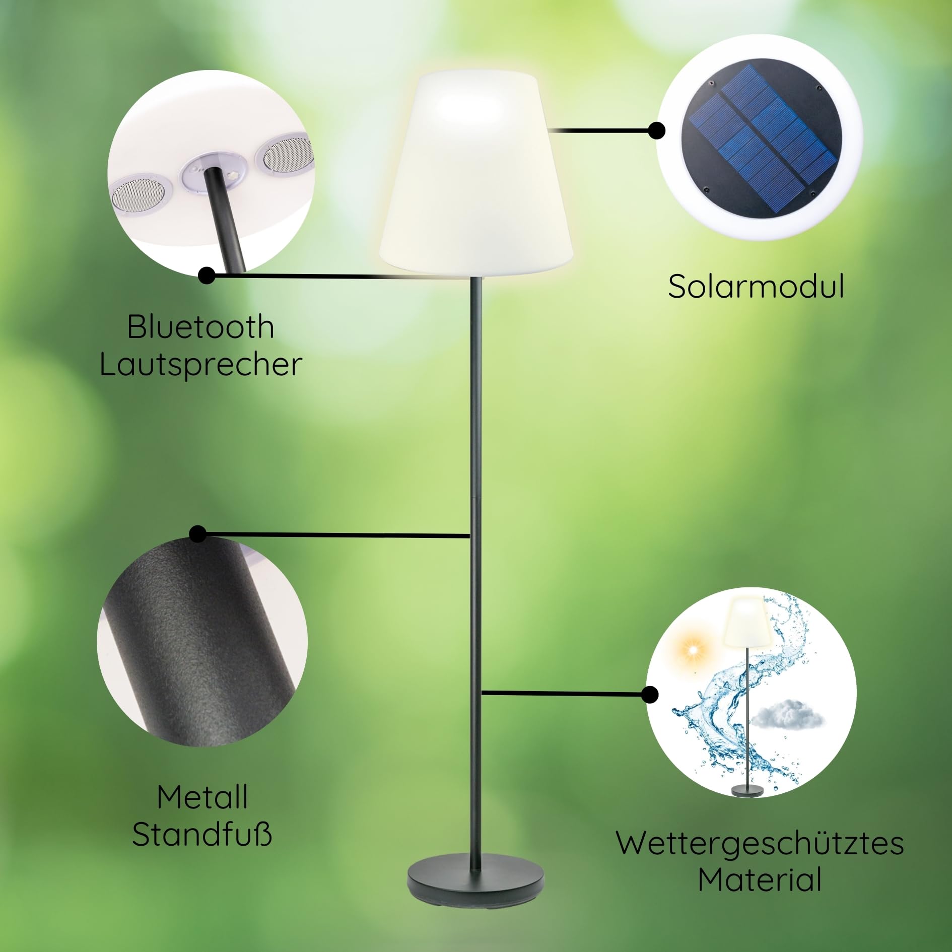 SCHWAIGER 661828 Lámpara solar LED para exteriores con altavoz Bluetooth Lámpara de pie Caja de música Luz para exteriores 1,5m Funciona con pilas IP44 A prueba de salpicaduras Micro-USB inalámbrico