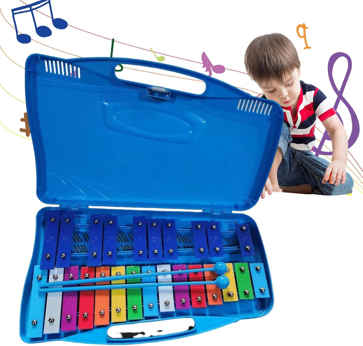 Kids Xylophone Toy, 25 Note Colorful Metal Keys Glockenspiel with Case & Two Percussion Mallets Xylophone for Beginners Music Teaching Kids 4+ Years Old, Blue.