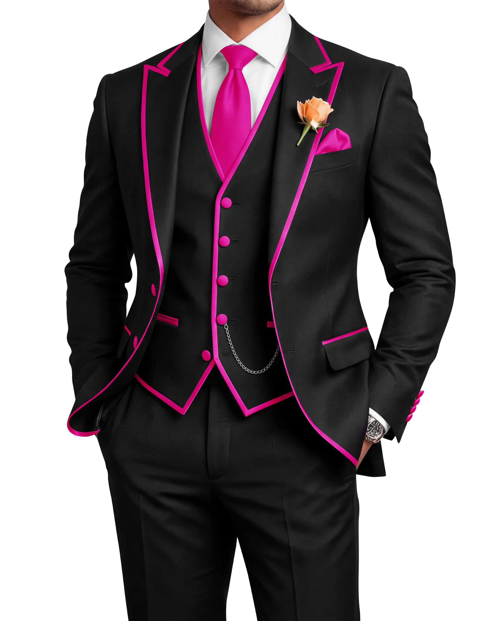 Men's 3 Piece Tuxedo for Men Slim Fit Black Wedding Suits for Groom Groomsman Prom Graduation Jacket Vest Pants