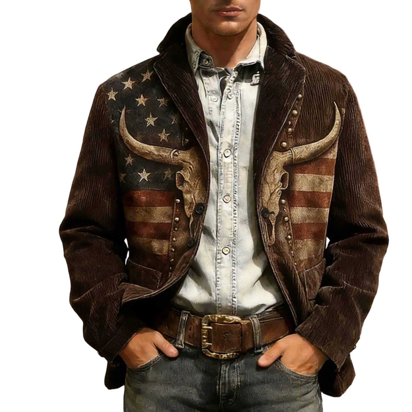 Generic Corduroy Blazer Mens Long Sleeve Vintage Suit Jacket Western Mens Jacket Hippie Costume Cowboy Double-Breasted Casual Jacket Lapel Outdoor Jacket Vintage Casual Blazer Comfortable Blazer
