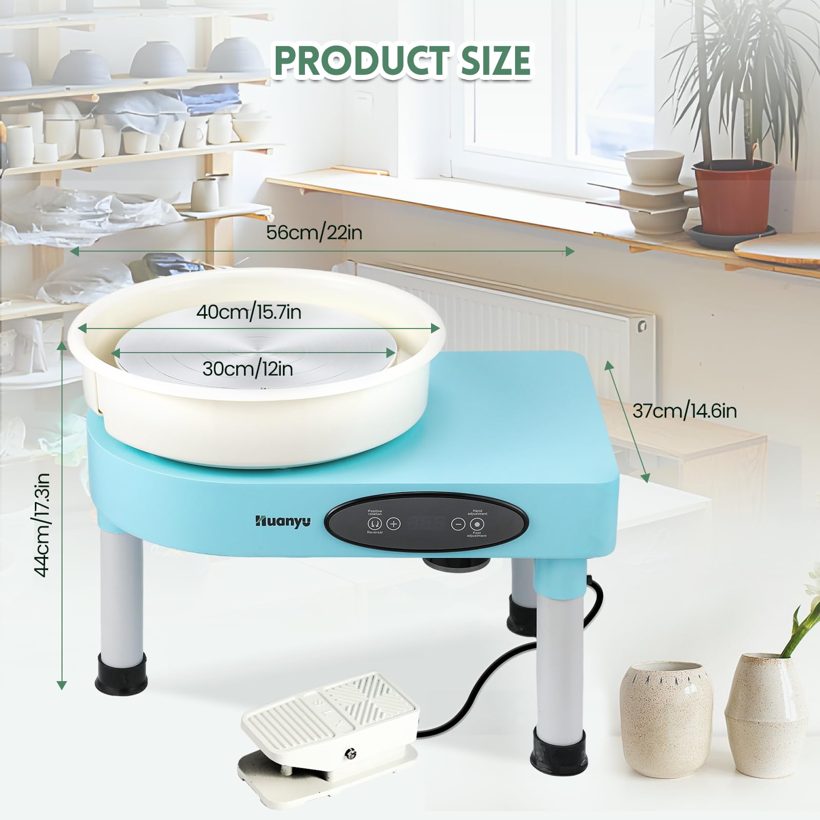 Huanyu 30cm Töpferscheibe mit verstellbaren Beinen und Fußpedal 350W Elektrische Keramikmaschine mit abnehmbarem Becken 0-320RPM Töpferformmaschine mit Töpferwerkzeugsatz