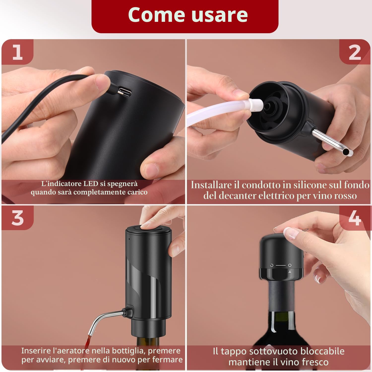 ZOYIDOUX Versatore Elettrico per aeratore per Vino Ricaricabile 3 in 1 Automatico Decantatore di Vino con Tappo per Vino Regali per Gli Amanti del Vino, Nero