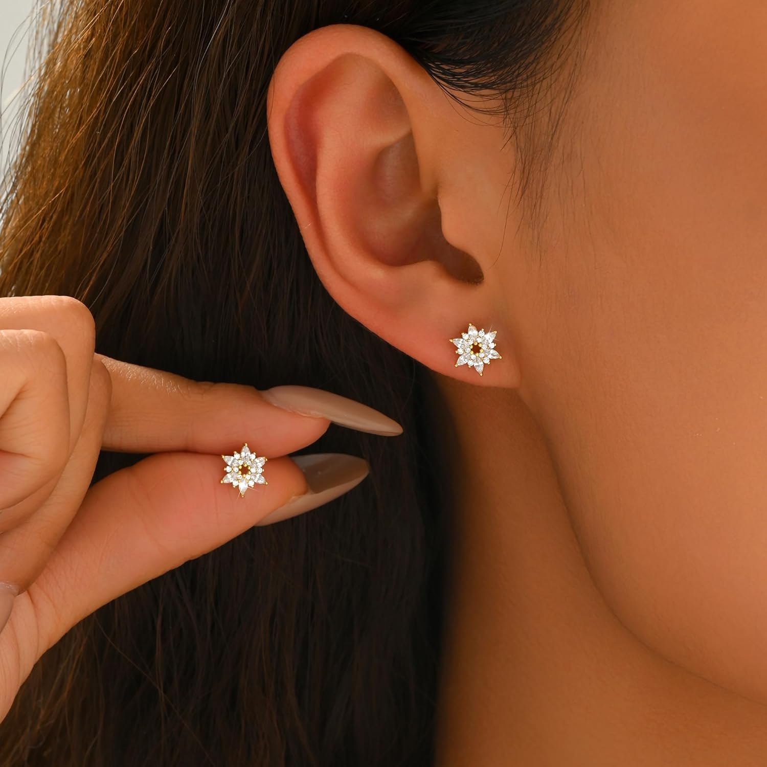 Snowflake Stud Earring for Women,925 Sterling Silver Crystal Flower Earrings to Daughter Mother 14k Gold Plated Cubic Zirconia Flower Earrings for Her Birthday Wedding Hypoallergenic Jewelry Gift - Image 4
