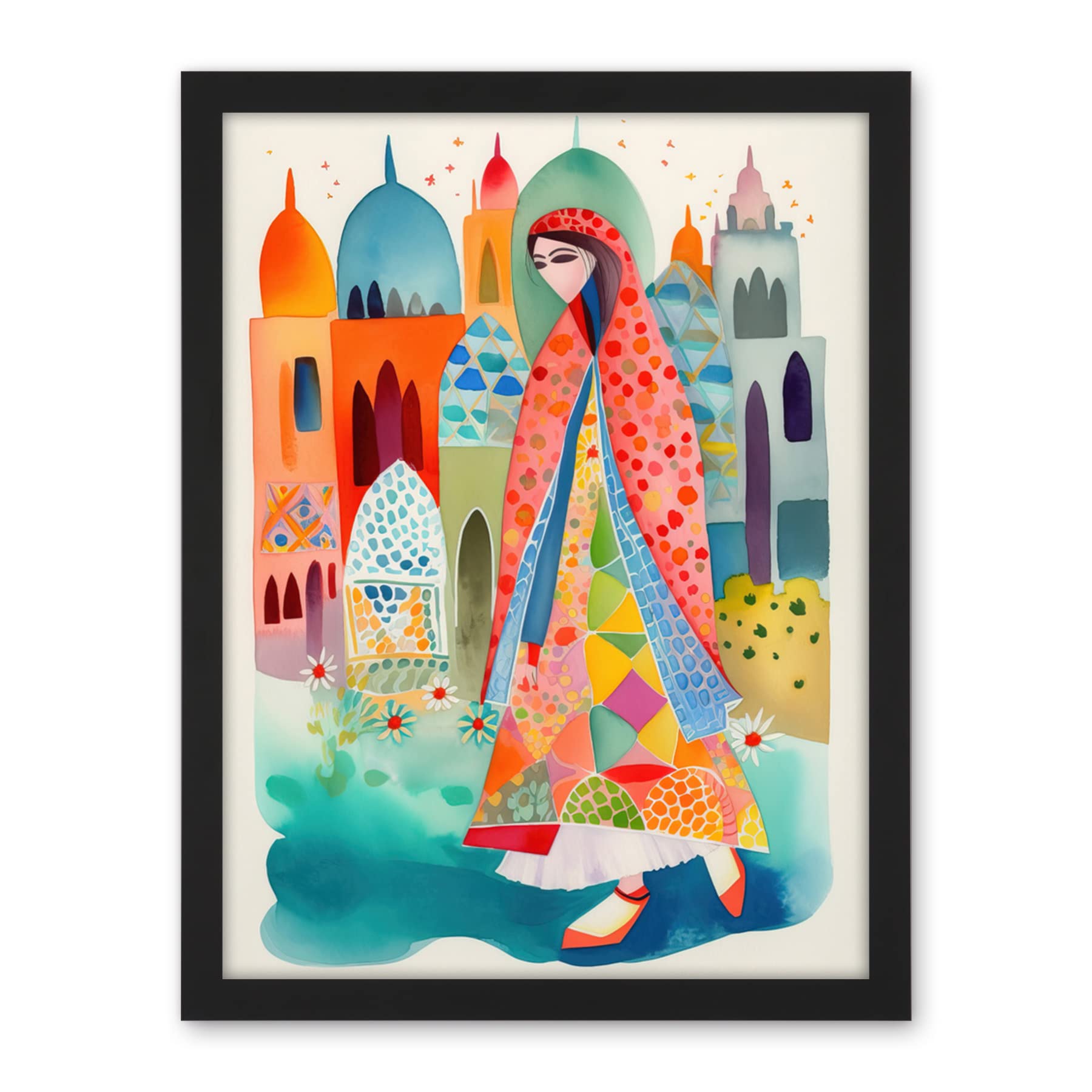 Artery8 Hijab Muslim Woman with Buildings Folk Art Artwork Framed Wall Art Print 18X24 Inch