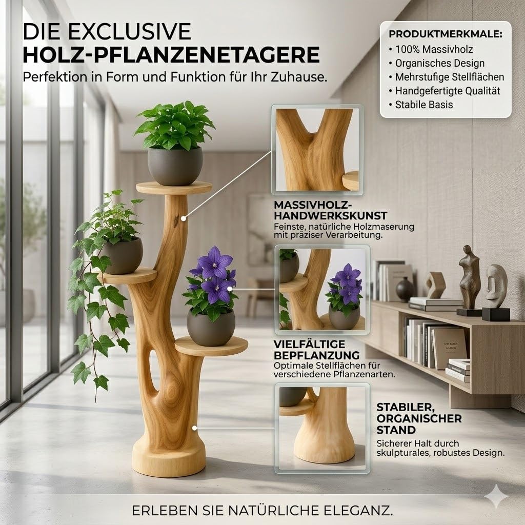 Blumenständer Blumentreppe Blumenpodest Blumenhocker Pflanzen Blumen Treppe Holz Massivholz Suar mit 3 Ablagen Höhe 95cm Pflanzenetagere Pflanzenständer