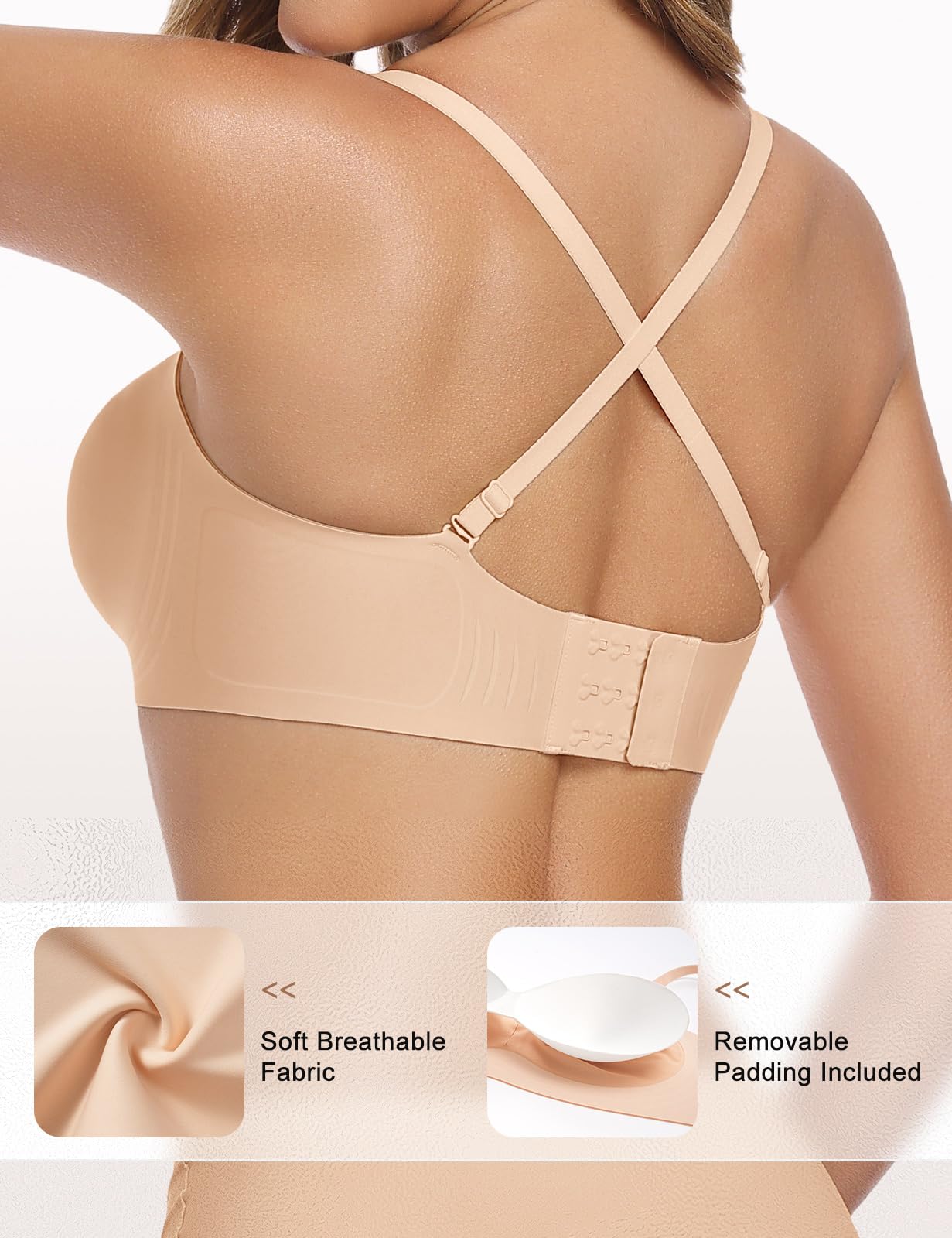UMIPUBO Sujetador Sin Tirantes Mujer Sin Aros Push Up Invisible Sin Costuras Multiposicion Ajustables Bandeau Top con Relleno y Transparente Extraíbles Tirantes Antideslizante