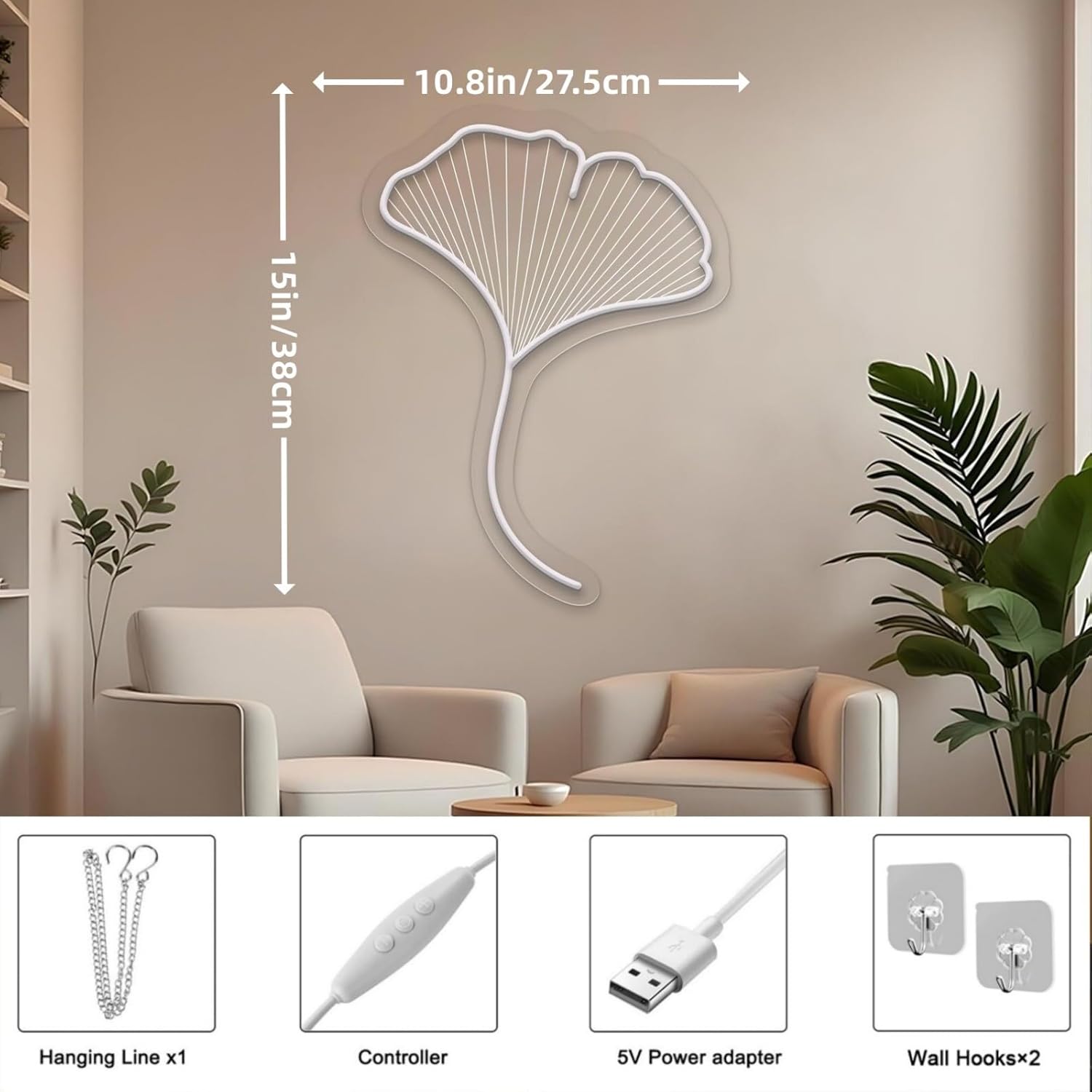 Ginkgo Leaf Neon Sign Japanese Culture LED Light, Dimmable USB-Powered with Adjustable Brightness, Easy to Hang, Elegant Neon Lights Wall Decor for Home, Japanese Restaurants, Yoga Studios & Wellness Spaces