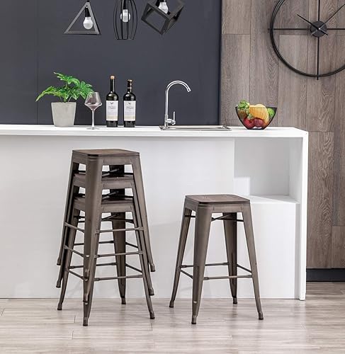 Miniatura 15 de [Juego de 4] Taburete metálico apilable industrial moderno para interior/exterior 17 pulgadas, Metal Plata sin espalda con madera,Sin espalda negro