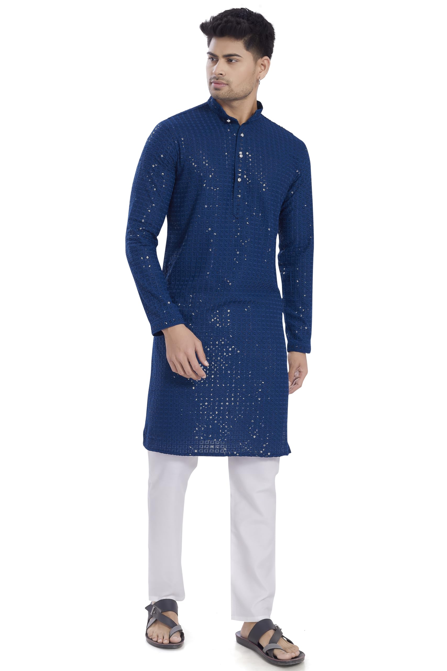 Divisive Men's Sequince Embroidered Cotton Blend Slim Fit Kurta Pyjama Set (Dkrt1206_Xxl_Aqua Blue)