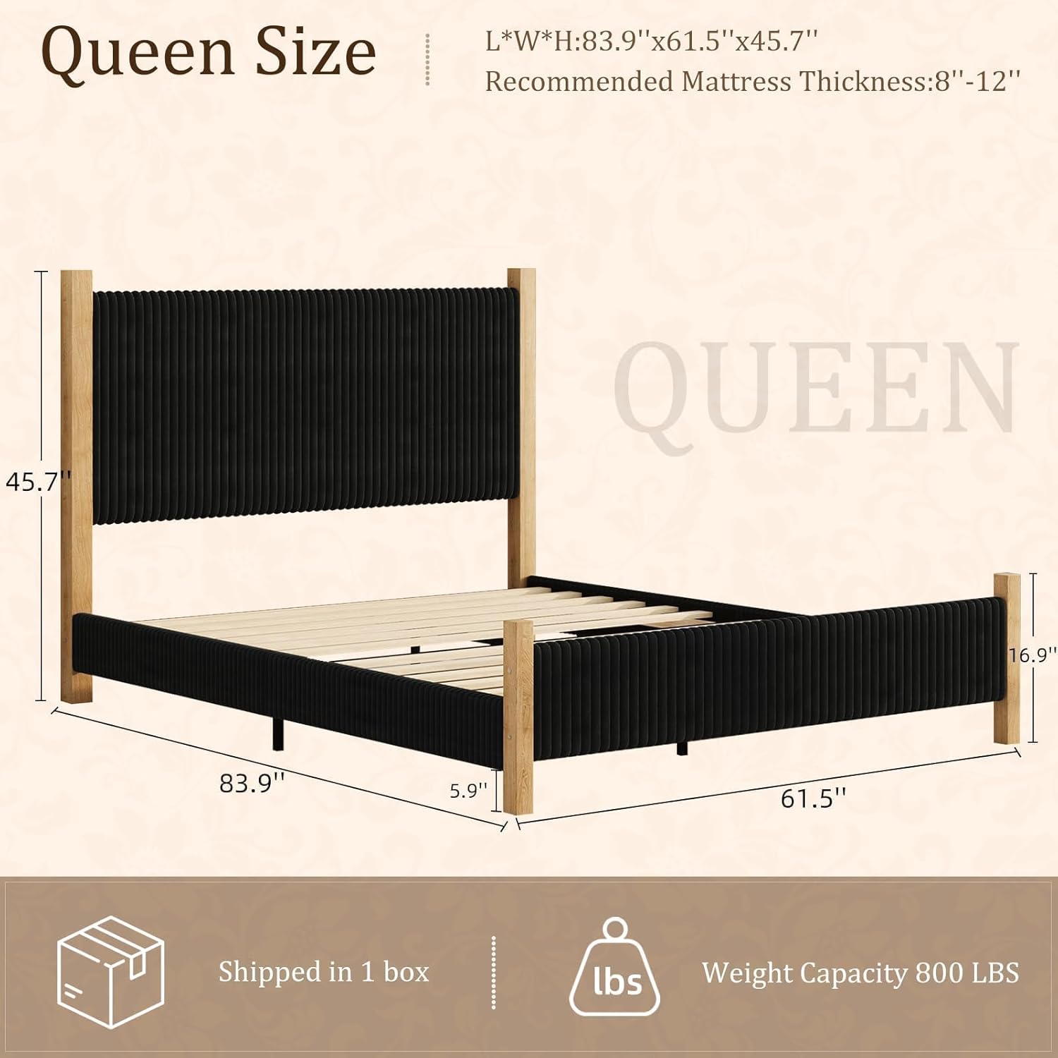 Queen Size Bed Frame with Headboard, Corduroy Upholstered Bed Frame Queen, Vertical Channel Desgin Headboard, Wood Legs, No Box Spring Needed, Strong Structure, Noise-Free, Easy Assembly, Black
