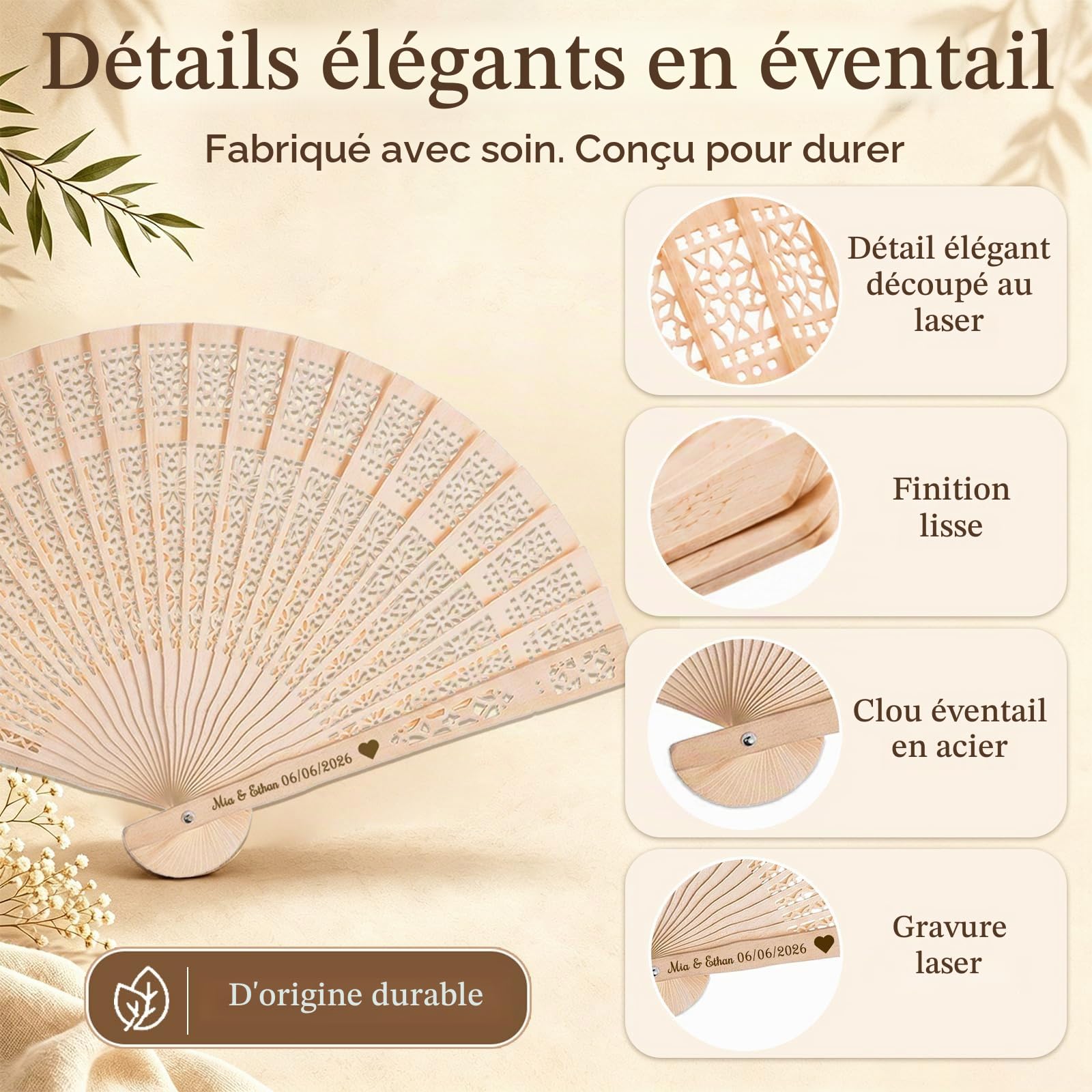 Lot de 50 Eventail Mariage Personnalisable,Éventail Personnalisable | Evantaille Bois avec Nom Texte ou Date,Cadeaux Invités Mariage,Souvenirs EVJF,Baby Shower,Décoration Cérémonie Fêtes d'Été