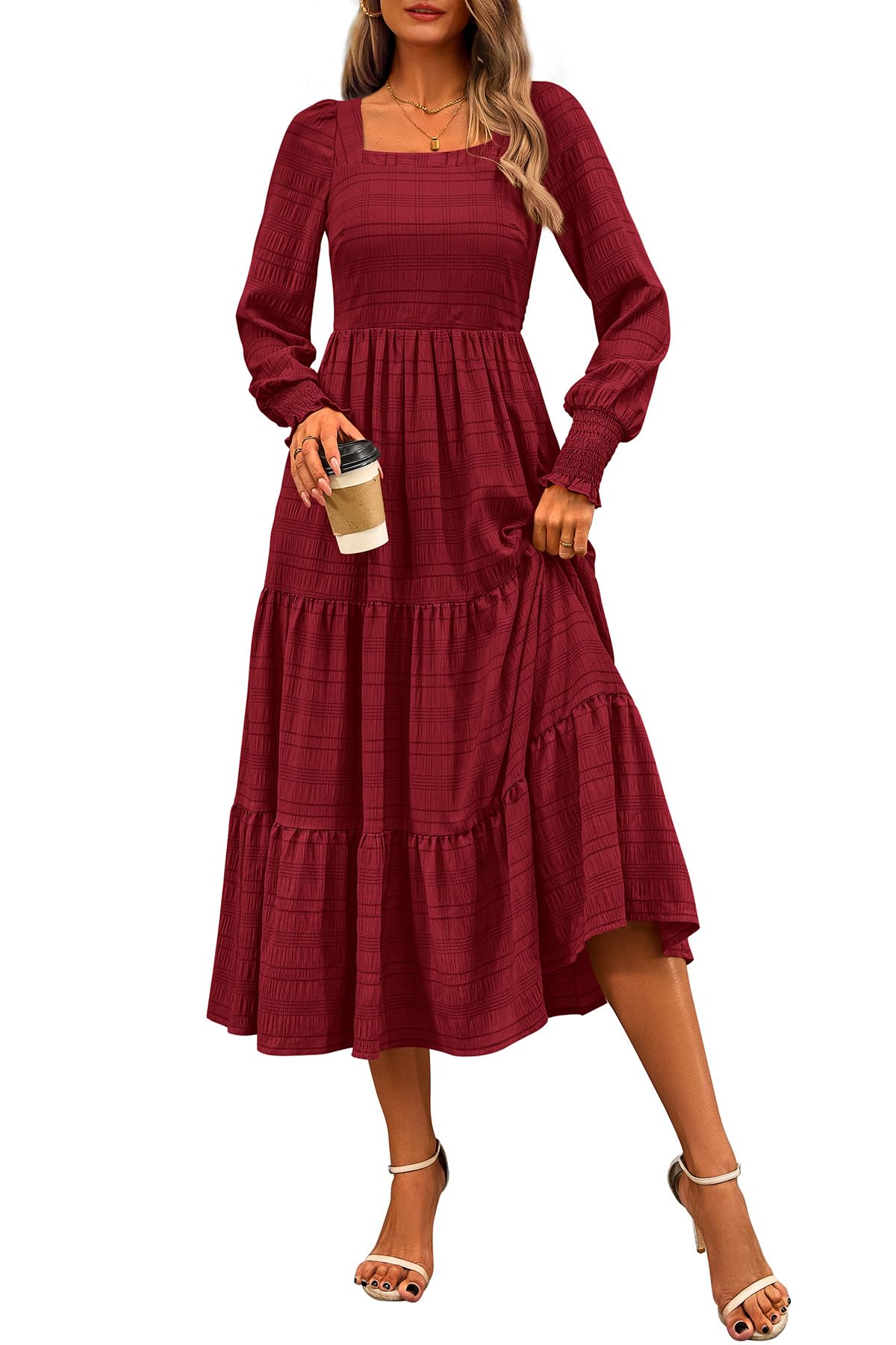 CFLONGE Womens Fall Dresses 2025 Puff Long Sleeve Square Neck Dress High Waist Smocked A-Line Flowy Wedding Party