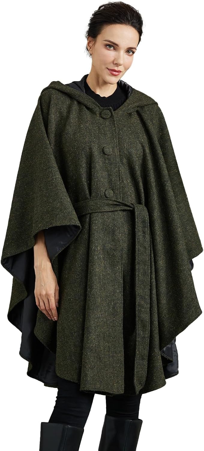 Women Wool Cape Coat with Hood Sleeveless Belted Cloak Cape Poncho for Fall Winter