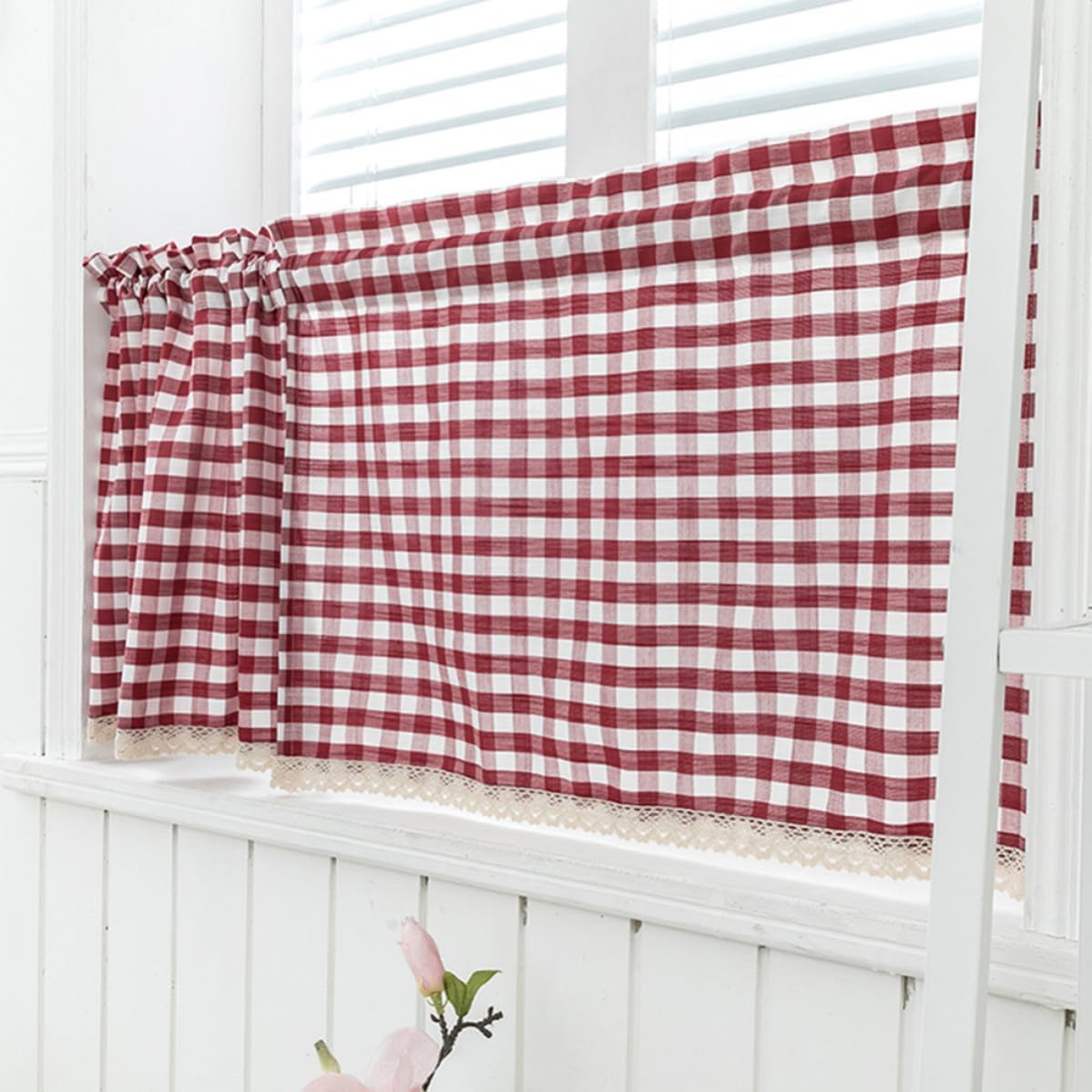 ibasenice Window Curtain Plaid Lace for Curtain Rod, Glare Reduction