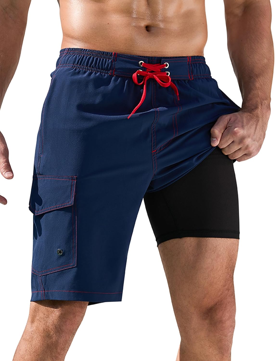 SILKWORLD Mens Swim Trunks with Compression Liner Quick-Dry 10" Stretch Beach Shorts