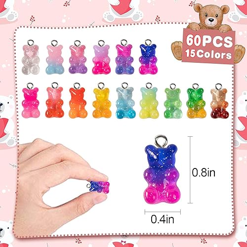 Miniatura 5 de 60 piezas de encantos de oso de goma con gradiente 3D para bricolaje - Colgantes de arcilla en forma de oso de resina en 15 colores, para aretes