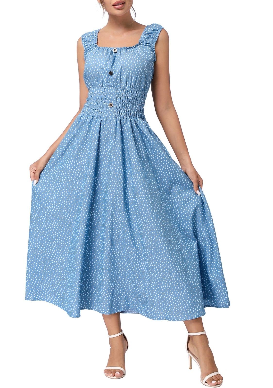 DREFBUFY Vestido largo de mezclilla para mujer, sin mangas, casual, de algodón, color azul, bohemio, holgado, largo, para mujer