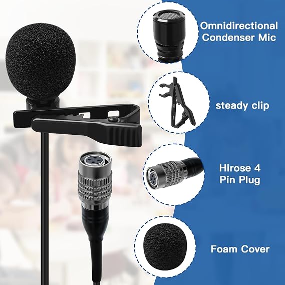5 Pack Lavalier Lapel Microphone for Audio Technica Unidirectional Condenser Clip-on Lapel Mic Hirose 4 Pin Female Connector Work for Vlog Interview Teaching,Hand-Free,Black