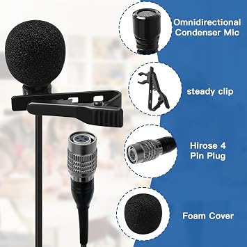 5 Pack Lavalier Lapel Microphone for Audio Technica Unidirectional Condenser Clip-on Lapel Mic Hirose 4 Pin Female Connector Work for Vlog Interview Teaching,Hand-Free,Black