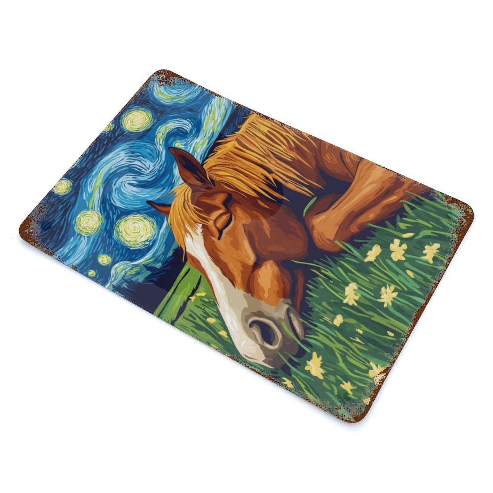 Horse in Starry Night 11.8"x7.9" Rustic Tin Plaque, Industrial Home Decor for Farmhouse, Kitchen And Entryway Decor