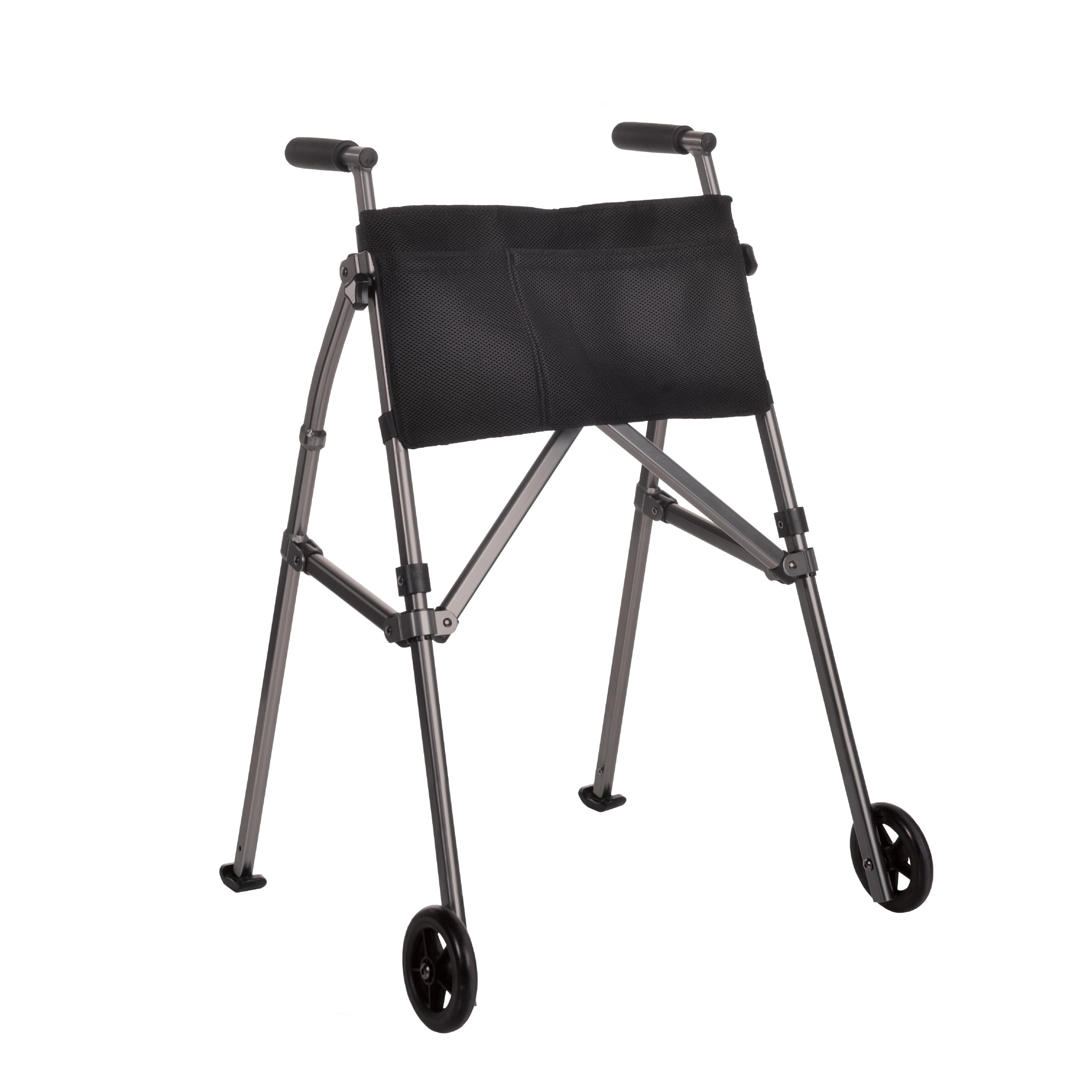 StanderEZ Fold-N-Go Walker Lite w/Wheels, Lightweight Folding Walker for Adults, Seniors, and Elderly, Collapsible Travel Walker, Ski Glides and Pouch, Compact Walker, Black Walnut