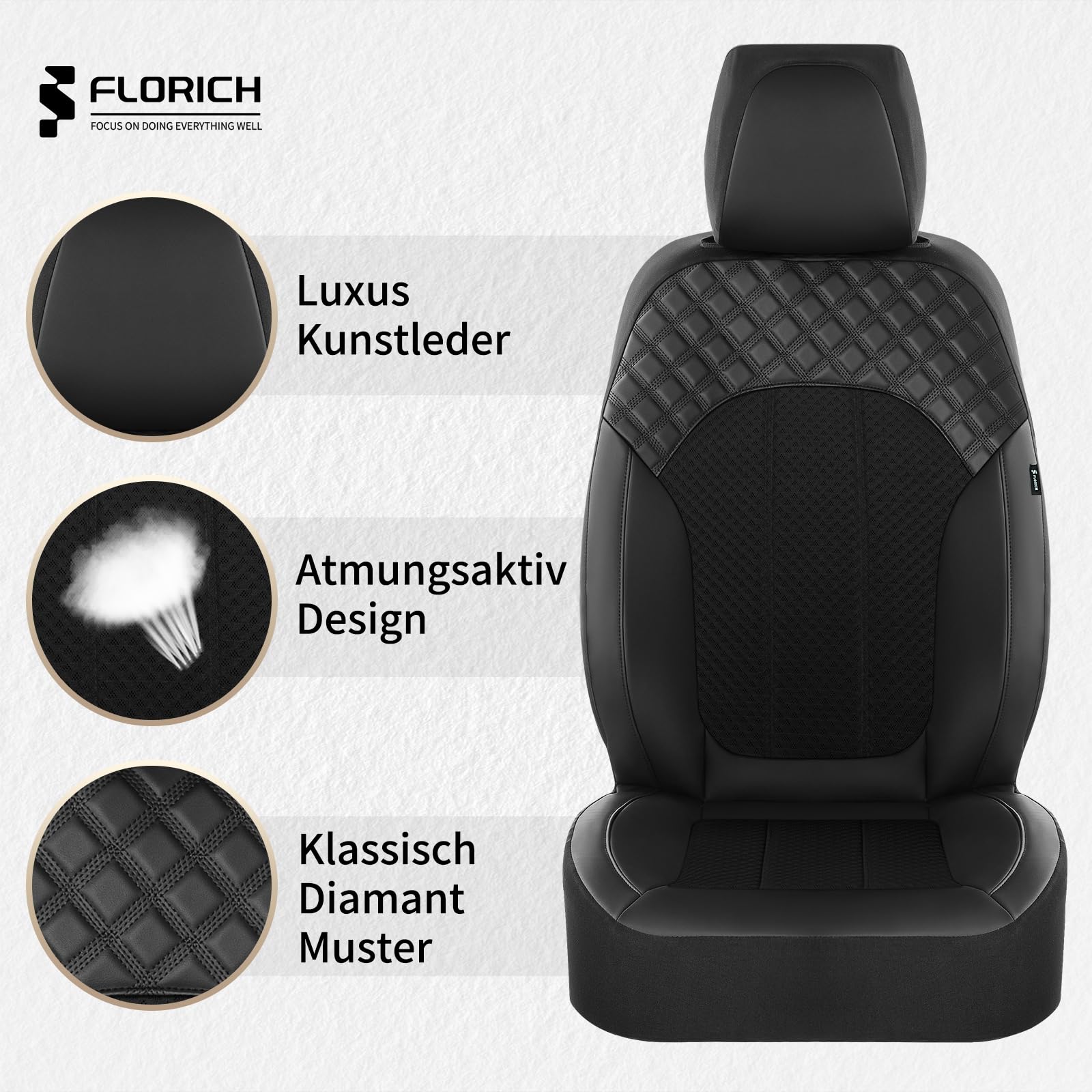 FLORICH Autositzbezüge Komplettset Vordersitzbezüge, PU Leder Air-Mesh Sitzbezüge Atmungsaktiver Sitzschutz Innenbezüge Universell Passend für die Meisten PKWs, SUVs (Komplettset, Schwarz)