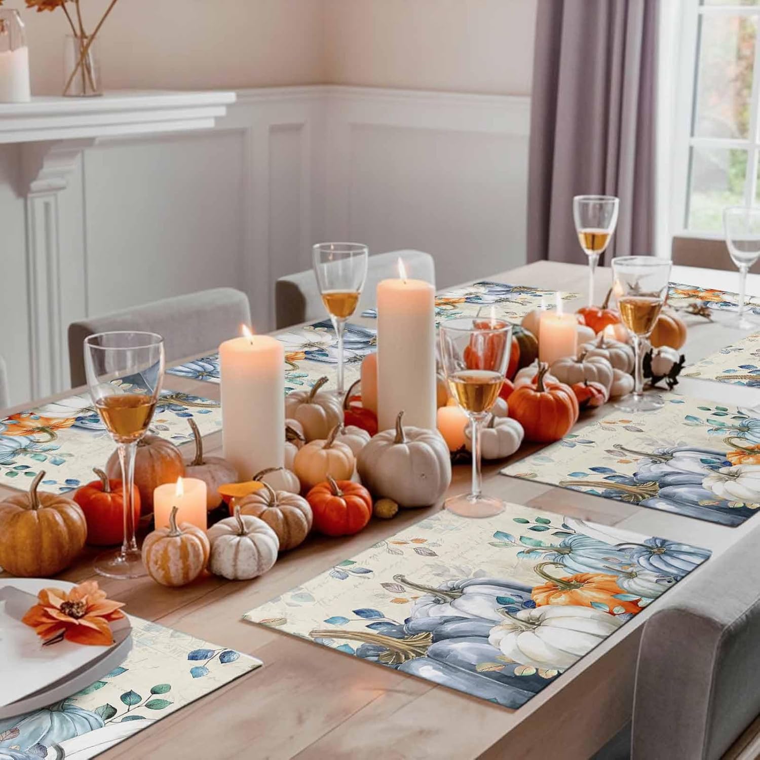 Fall Placemats Set of 6, Blue Pumpkin Placemat for Dining Table Decorations, Cotton Linen Autumn Place Mats, Teal Leaves Table Mats for Kitchen Dinner Harvest Thanksgiving Holiday Party Decor