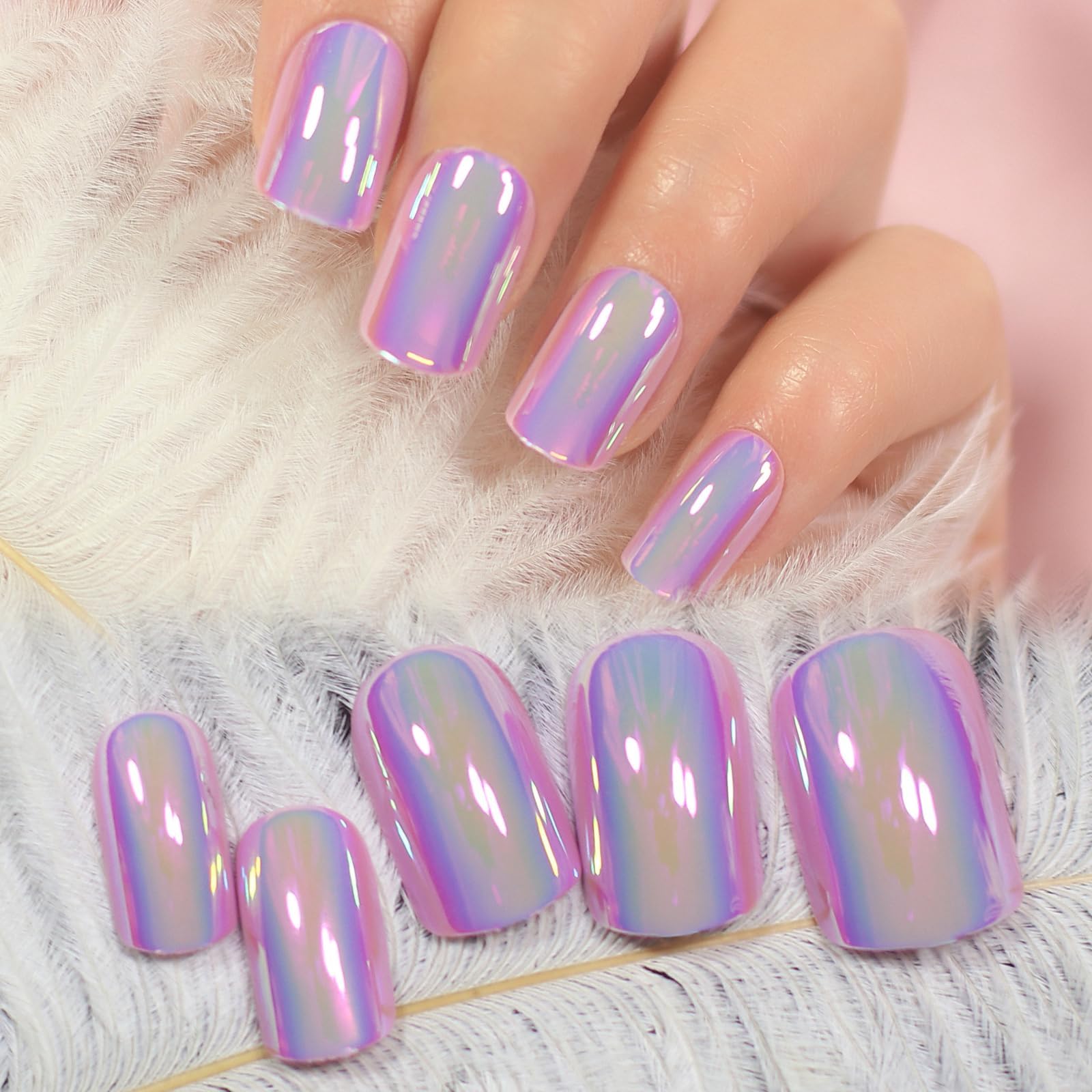 Press on Nails - Metallic Mirror Purple Pink False Nails | Punk Metal Chrome Finish Short Reusable Fake Nails 24pcs Kit with Jelly Glue Pad