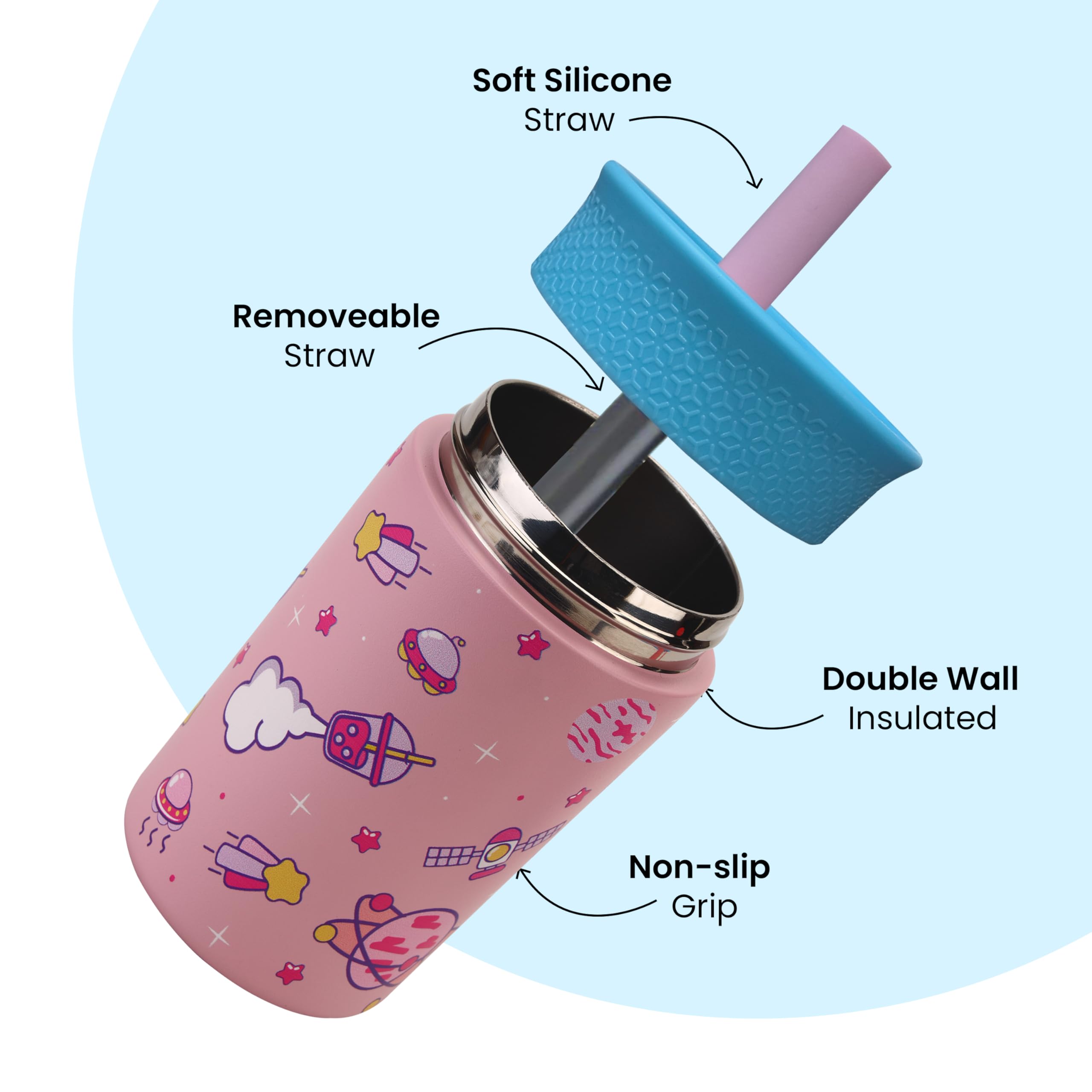 ONE AND ONLY Tumbler with Straw Lid Mug Triple Layer Vacuum Insulated Flask Hot and Cold Water Bottle Stainless Steel and Silicon Sipper Leakproof Sipper Water Bottle for Kids 350ml (Pink) - Image 2 thumbnail