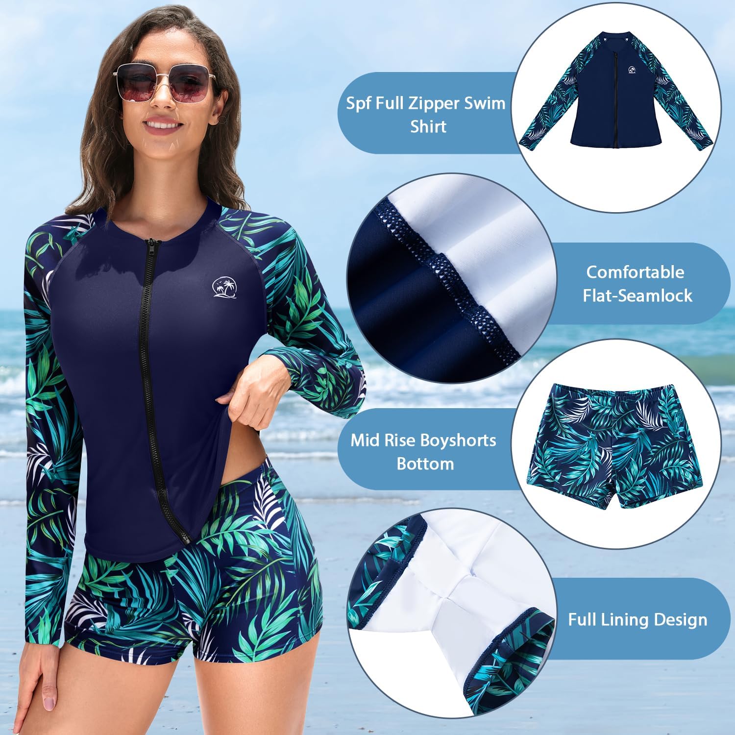 Holipick 2 Piece Rash Guard for Women - Long Sleeve Swimsuit with Shorts UPF 50+ Zipper Swim Shirt - Image 4