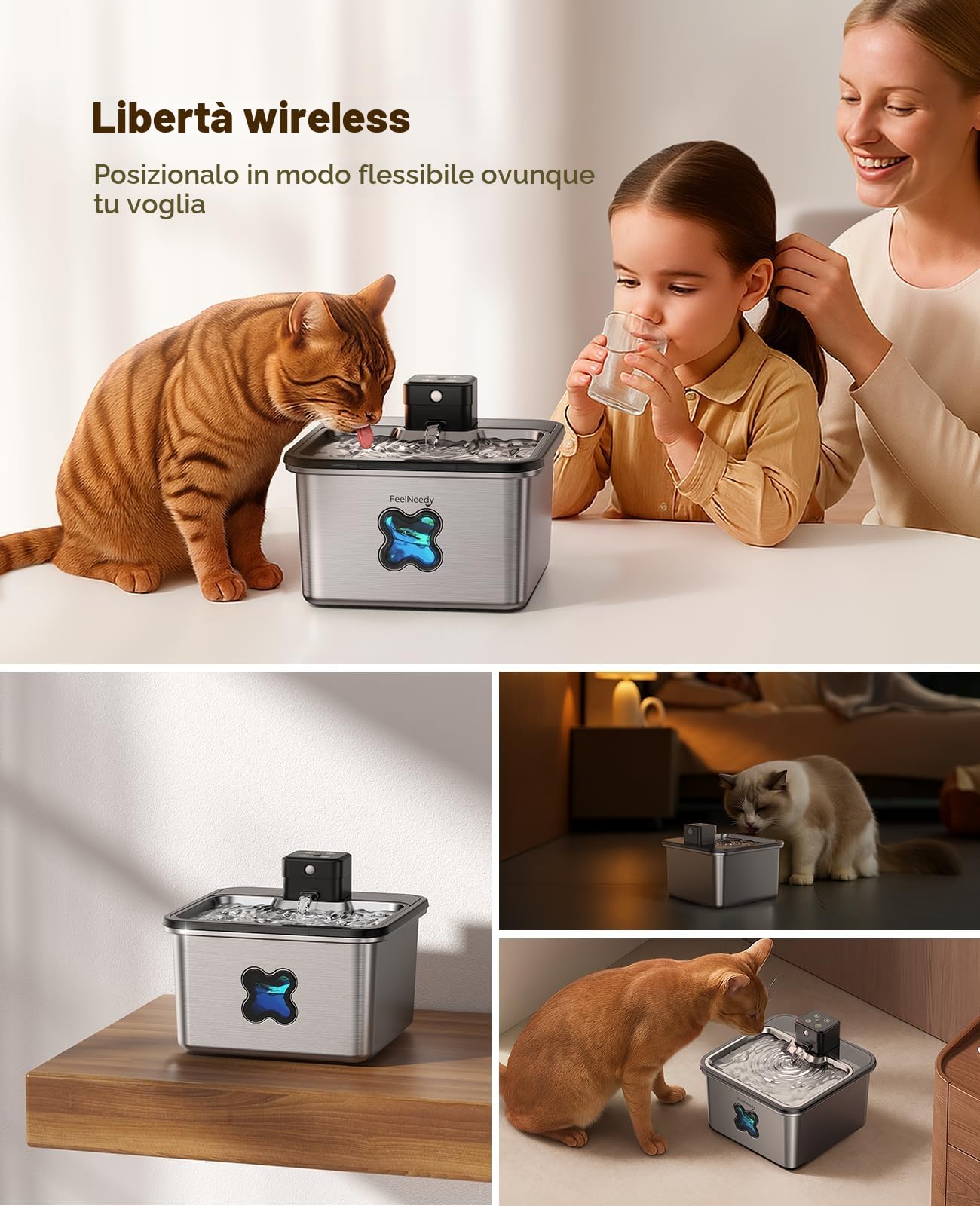 FEELNEEDY Fontanella per Gatti senza Fili, 3.2L Fontana per Gatti Acciaio Inox con Sensore di Movimento, Lavabile in Lavastoviglie, Visualizzazione del Filtro, 4000 mAh Batteria | FEELNEEDY Fontana trasparente per animali domestici, a batteria, sensore di
