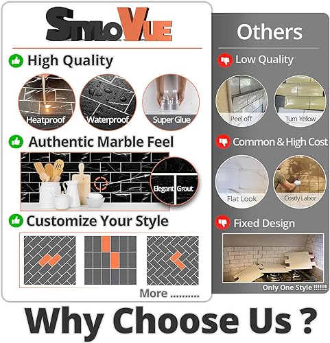 Miniatura 5 de StyloVue 100 piezas para despegar y pegar para cocina, azulejos de metro de PVC de 3 x 6 pulgadas 2023 mejorados Nero Marquina con lechada blanca