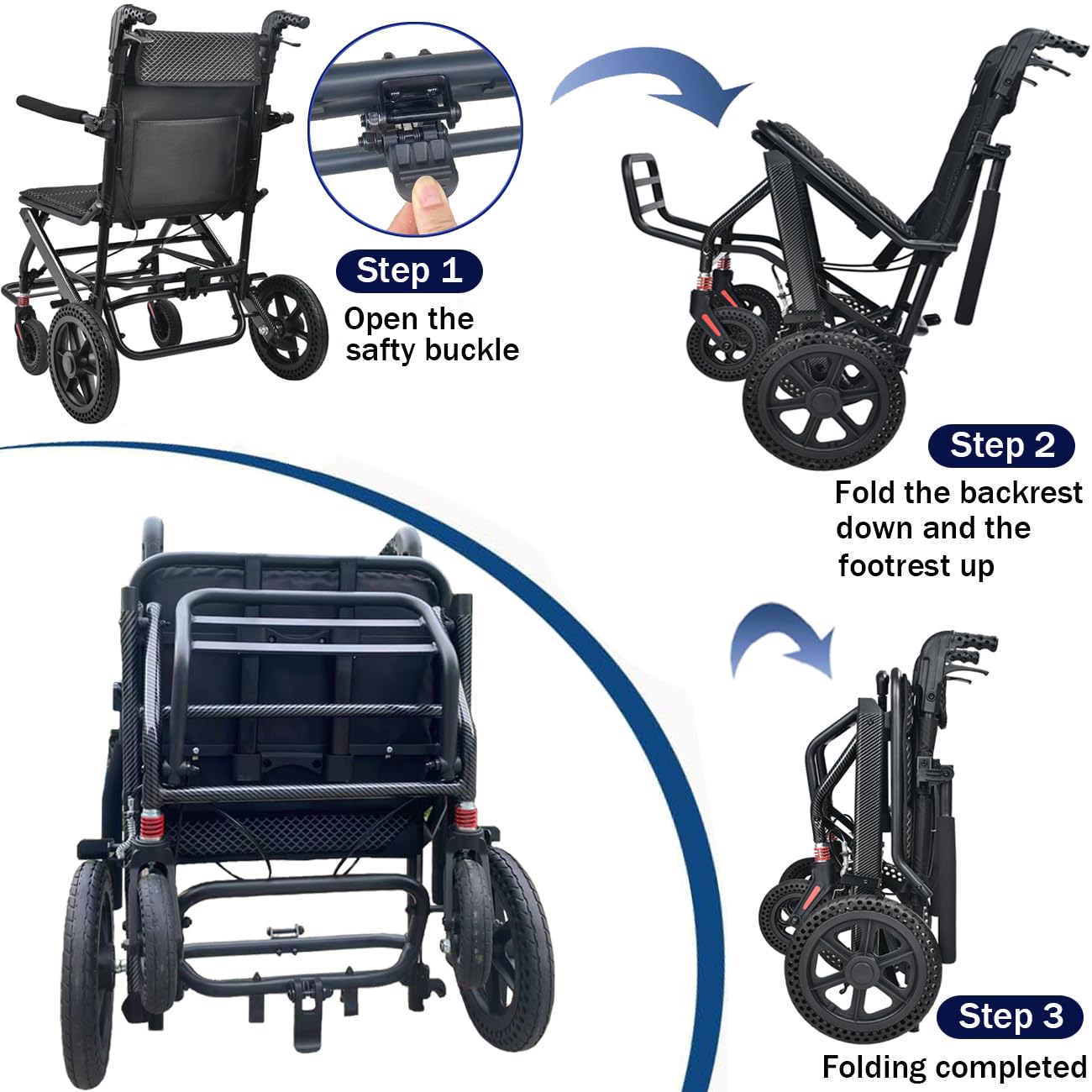 Sedia a rotelle per il trasporto con manico telescopico, 11 kg, pieghevole, per adulti e anziani, in lega di alluminio, pneumatici a nido d'ape ammortizzante, portata 110 kg, portata 46 cm