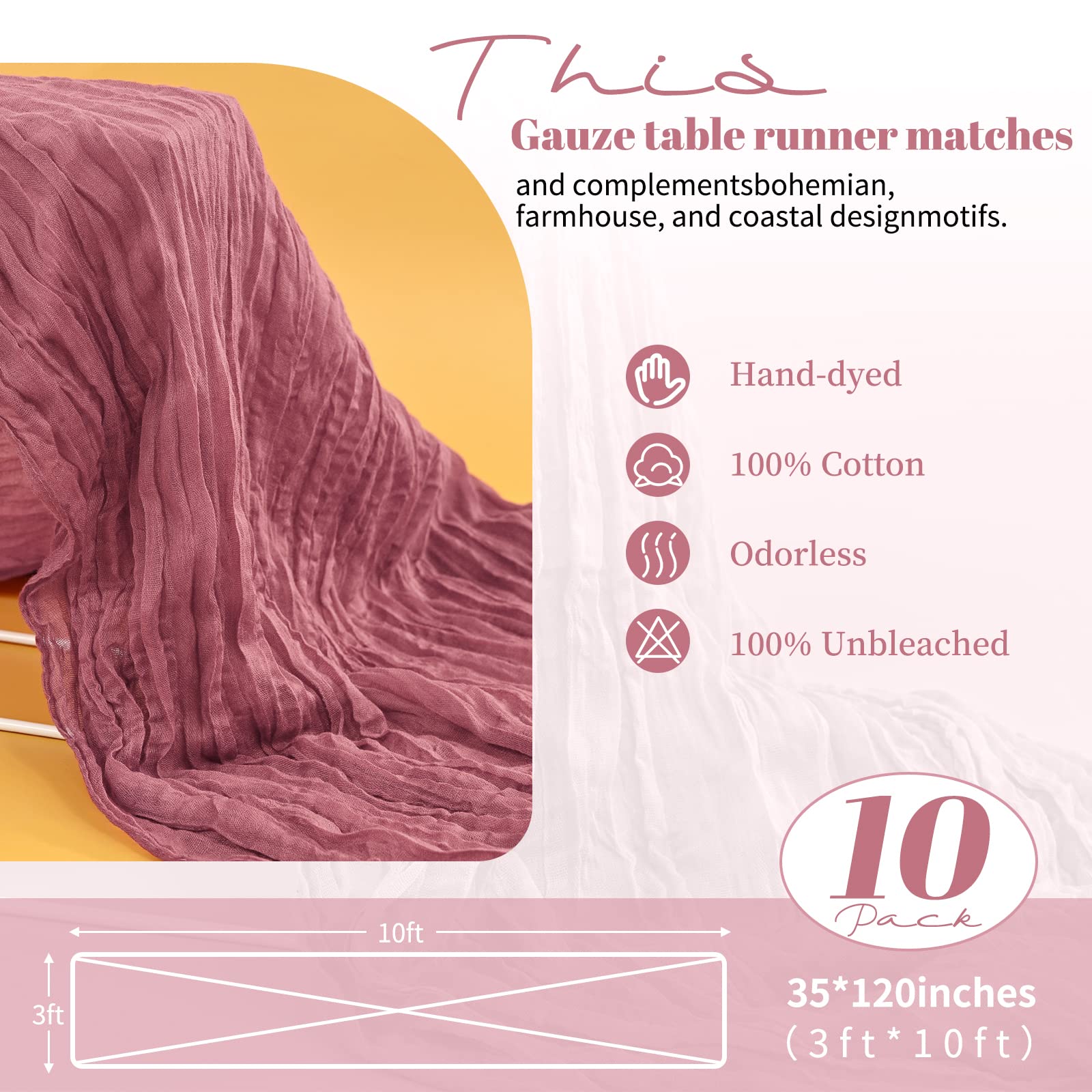 10 Pack Dusty Rose Cheesecloth Table Runner,10FT Gauze Table Runner Cheesecloth Fabric Semi-Sheer Table Runner for Wedding Reception,Boho Rustic Wedding Party Sheer Bridal Shower Decor
