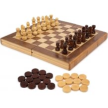 NAVOYS 3 in 1 Wooden Chess, Backgammon & Draughts Set   Traditional Folding Strategy Board Game for Kids & Adults   Classic Portable Travel Chess, Backgammon and Checkers Game