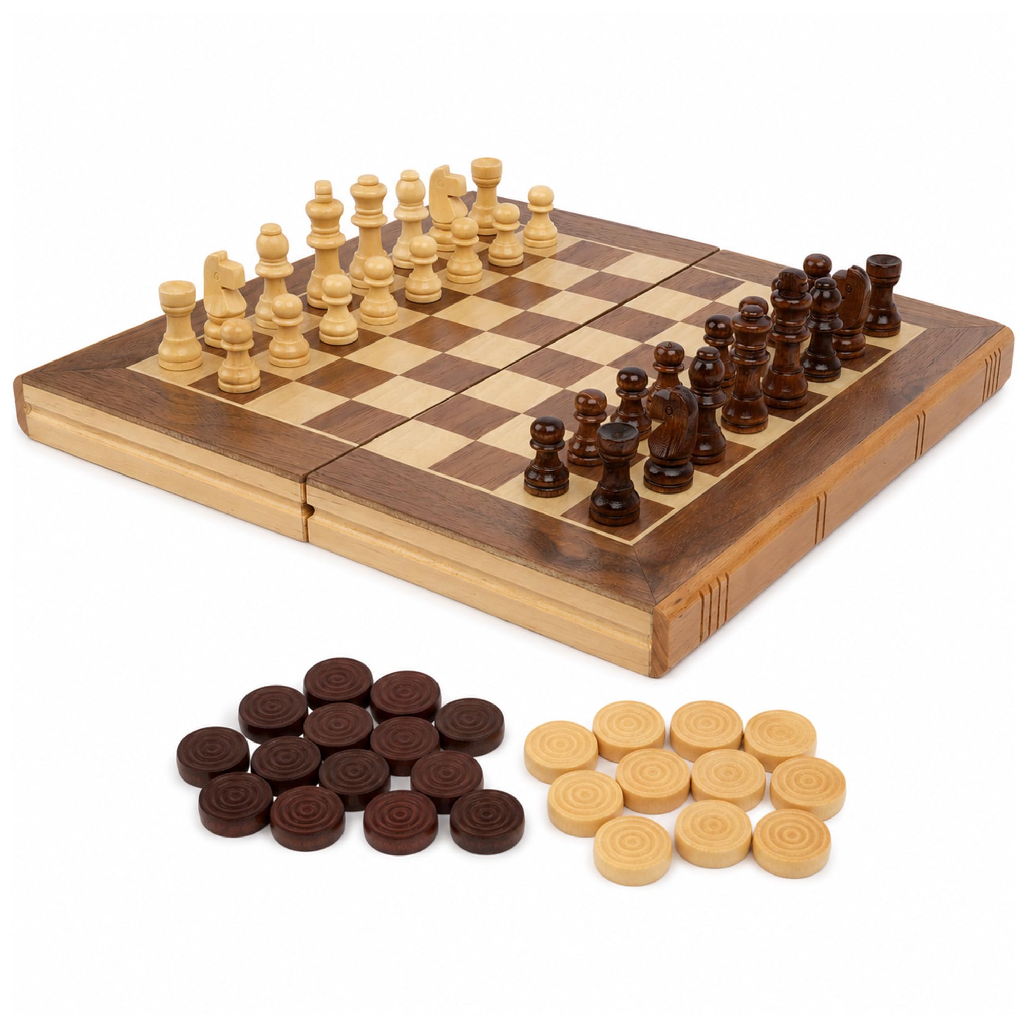 NAVOYS 2 in 1 Wooden Chess & Draughts Set – Traditional Folding Strategy Board Game for Kids & Adults – Classic Portable Travel Chess and Checkers Game with Storage Board