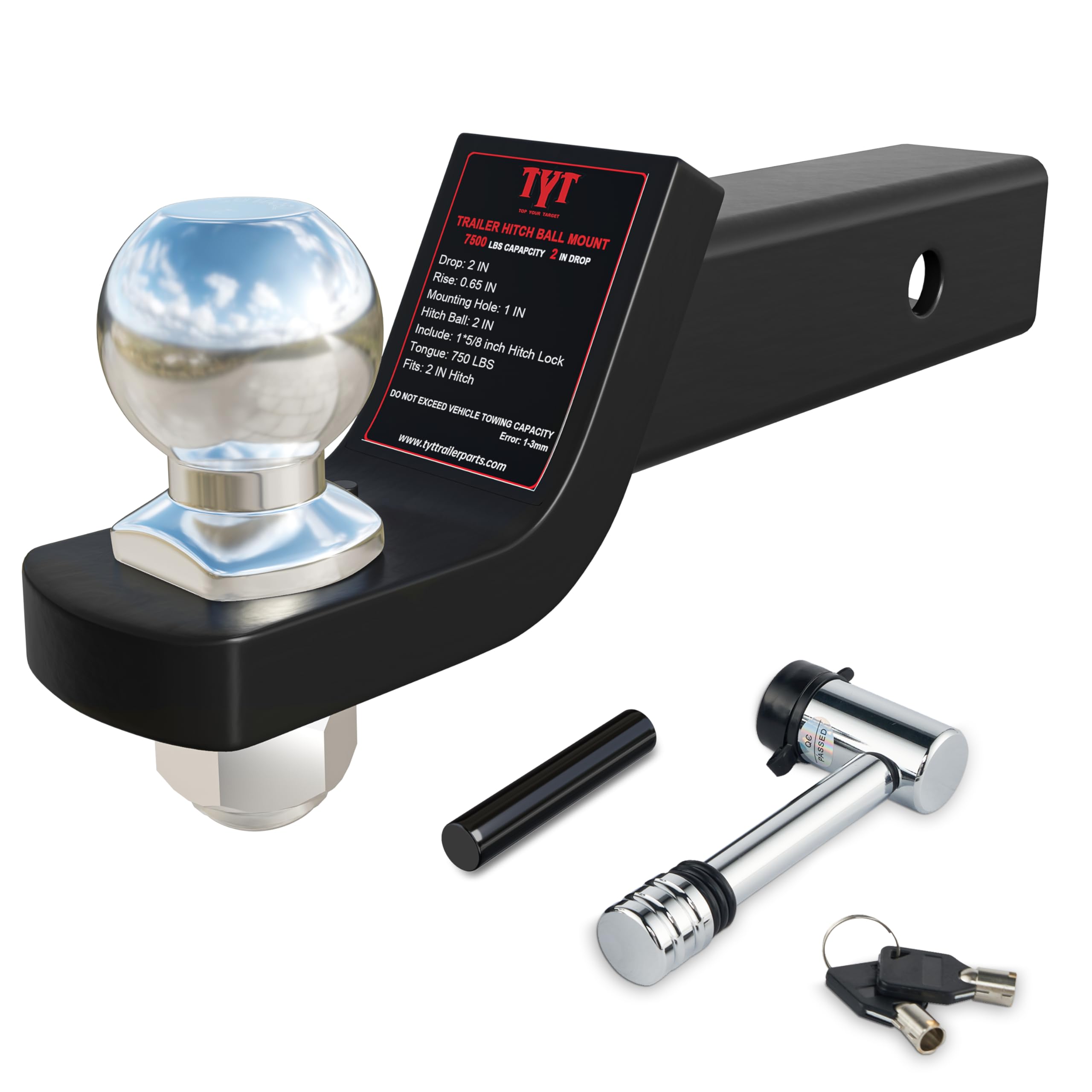 TYT Trailer Hitch Mount with 2" Chrome Ball&amp;Lock, Fits 2-in Receiver, 7,500 lbs (2-Inch Drop)