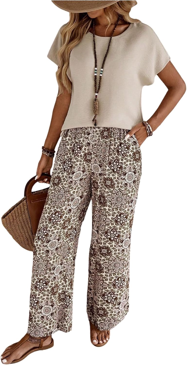 SOLY HUX Women's 2 Piece Outfits Short Sleeve Top and Boho Floral Pants Vacation Country Concert Clothes