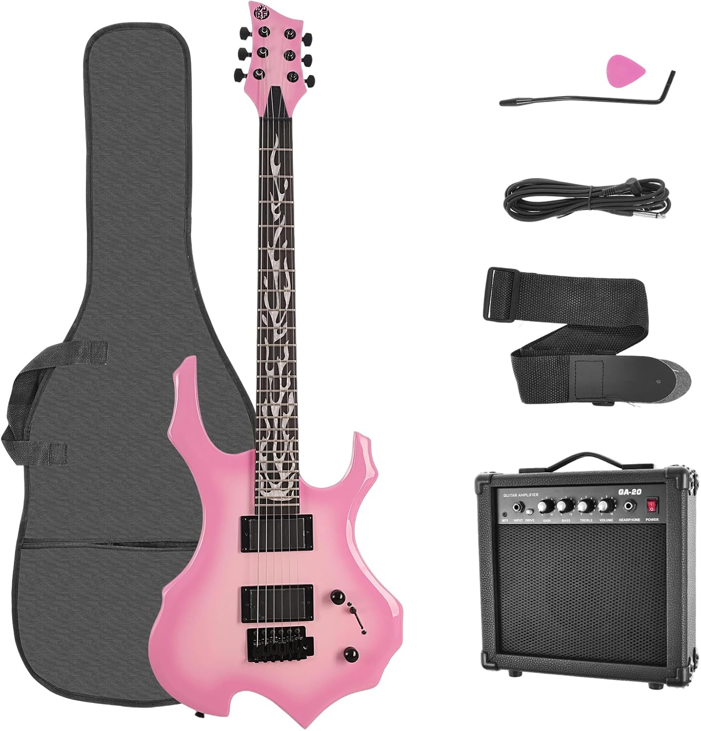 Electric Guitar Full Size Flame Design Set with Guitar Bag, Shoulder Strap, Amp,Tremolo Arm, Cable, Plectrum-Perfect for Beginners & Pros Solid Body Guitar (Pink Burst)