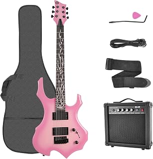 E-Gitarre in voller Größe, Flammen-Design, Set mit Gitarrentasche, Schultergurt, Verstärker, Tremolo-Arm, Kabel, Plektrum, perfekt für Anfänger & Profis, Solid Body Gitarre (Rosa)