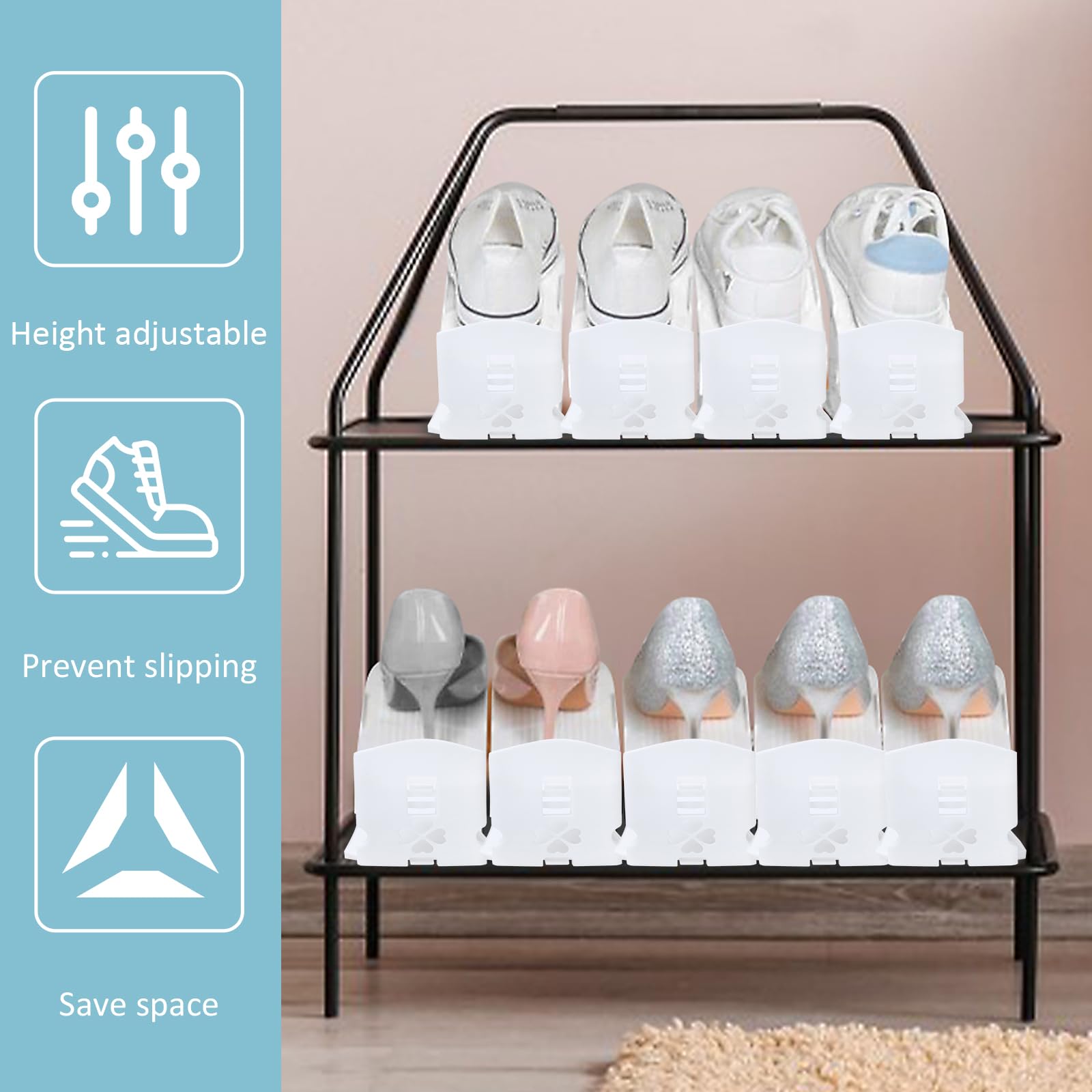 Organizadores de Zapatos,20pcs Soporte de Calzado de Altura Ajustable,Zapatero Simple,ranuras para zapatos,Adecuada para Mujeres y Hombres,3 Alturas para Todo Zapatos,Ahorra Espacio(Blanco)