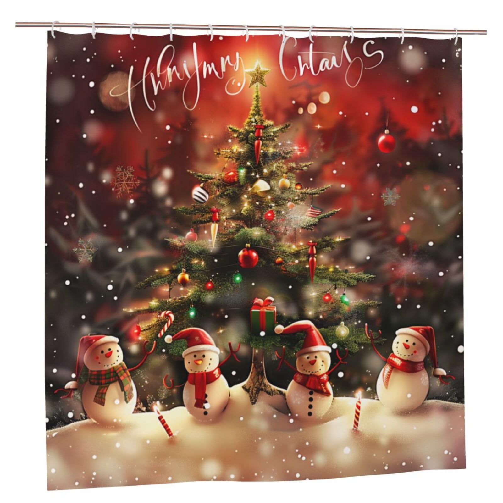 BWWHCCTI Merry Christmas Printed Shower Curtain With 12 Plastic Hooks Opaque Quick Drying Waterproof Shower Curtains Sets For Bathroom 183x183 CM