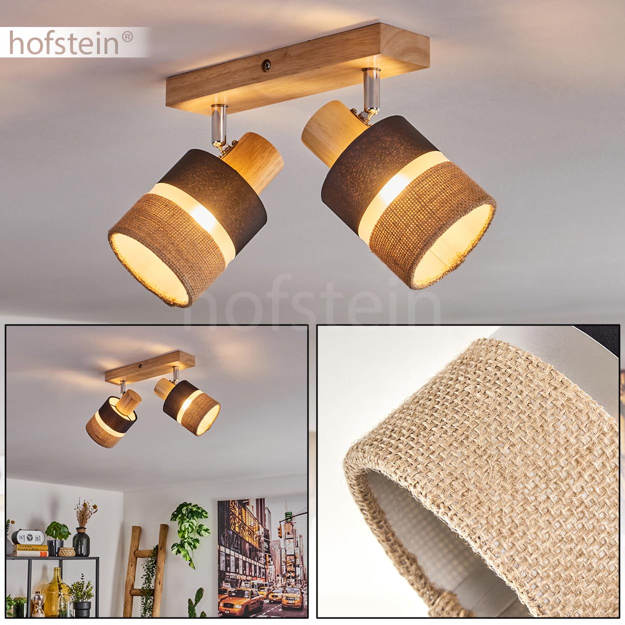 Plafoniera Fallhagen, lampada da soffitto moderna in legno/metallo/lino nei colori naturale/cromo/nero, lampada a 2 luci dal design scandinavo con faretti regolabili, 2 x E14, senza lampadine