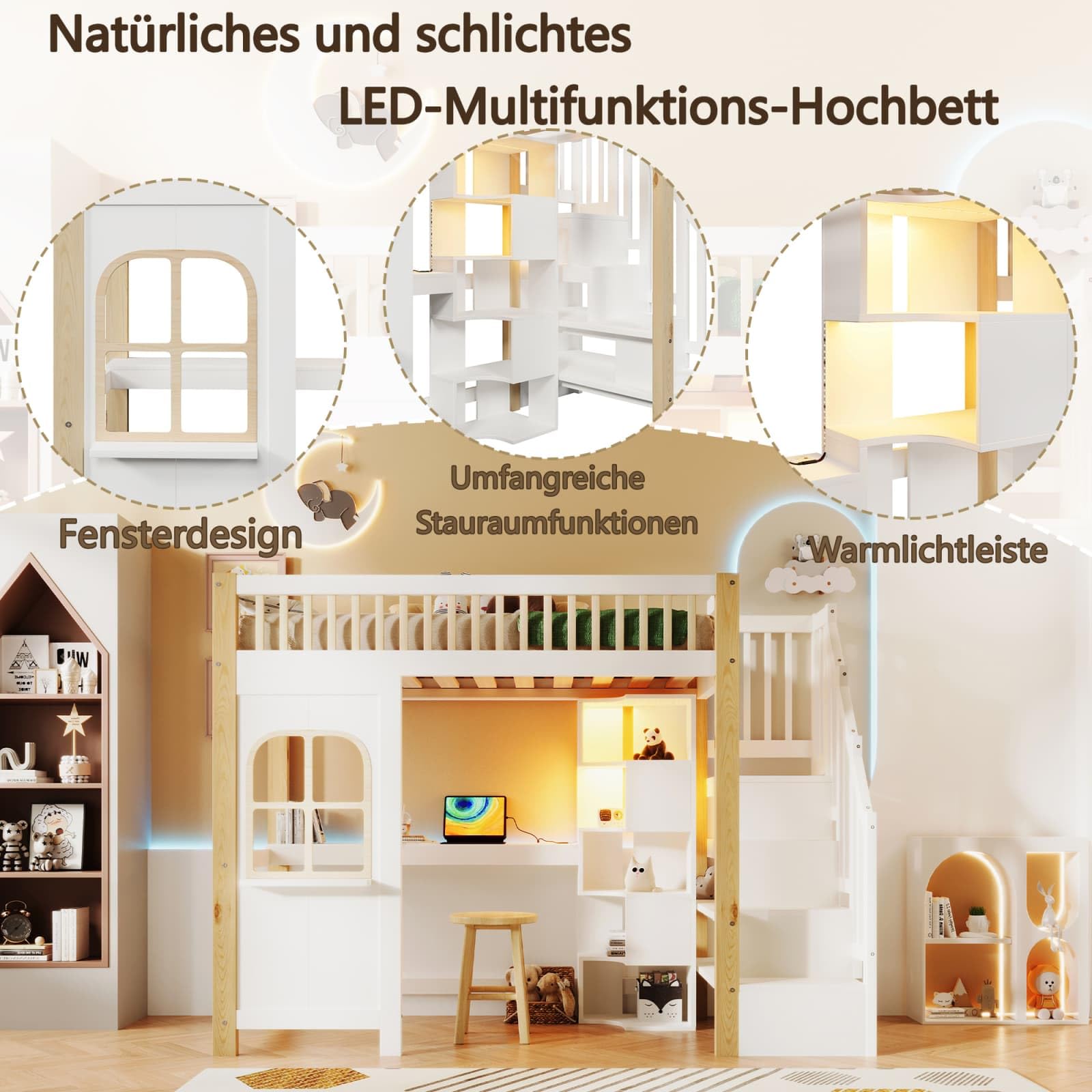 KOMHTOM Lit Mezzanine Multifonctionnel, Cadre de lit en Bois avec éclairage LED, Ports de Charge, Bureau, étagère à Plusieurs Niveaux et Escalier de Rangement(sans Matelas) (90 x 200cm)