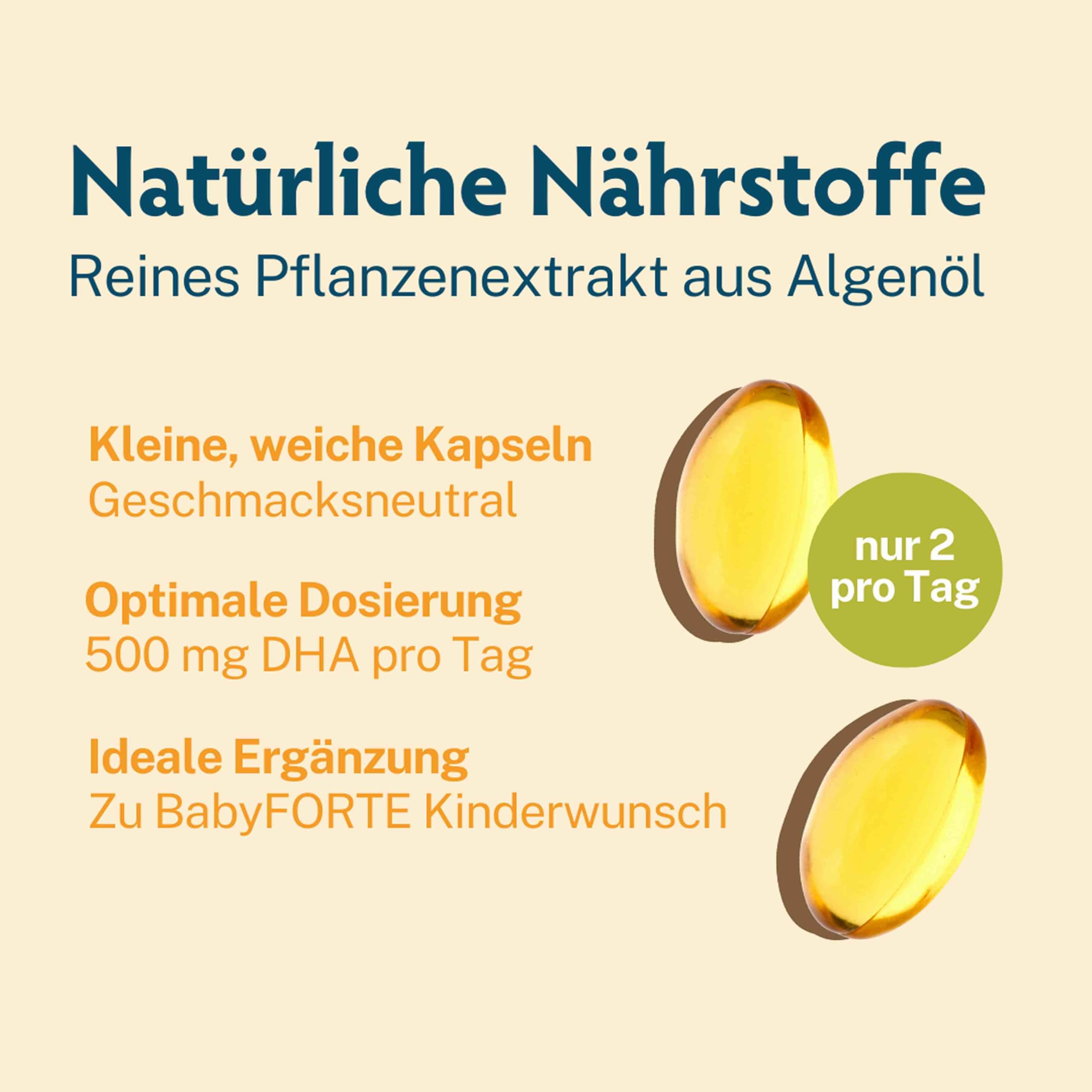 BabyFORTE Omega-3 Algenöl, optimales DHA & EPA Verhältnis, vegan, 60 Kapseln, Kinderwunsch Vitaminen kombinierbar