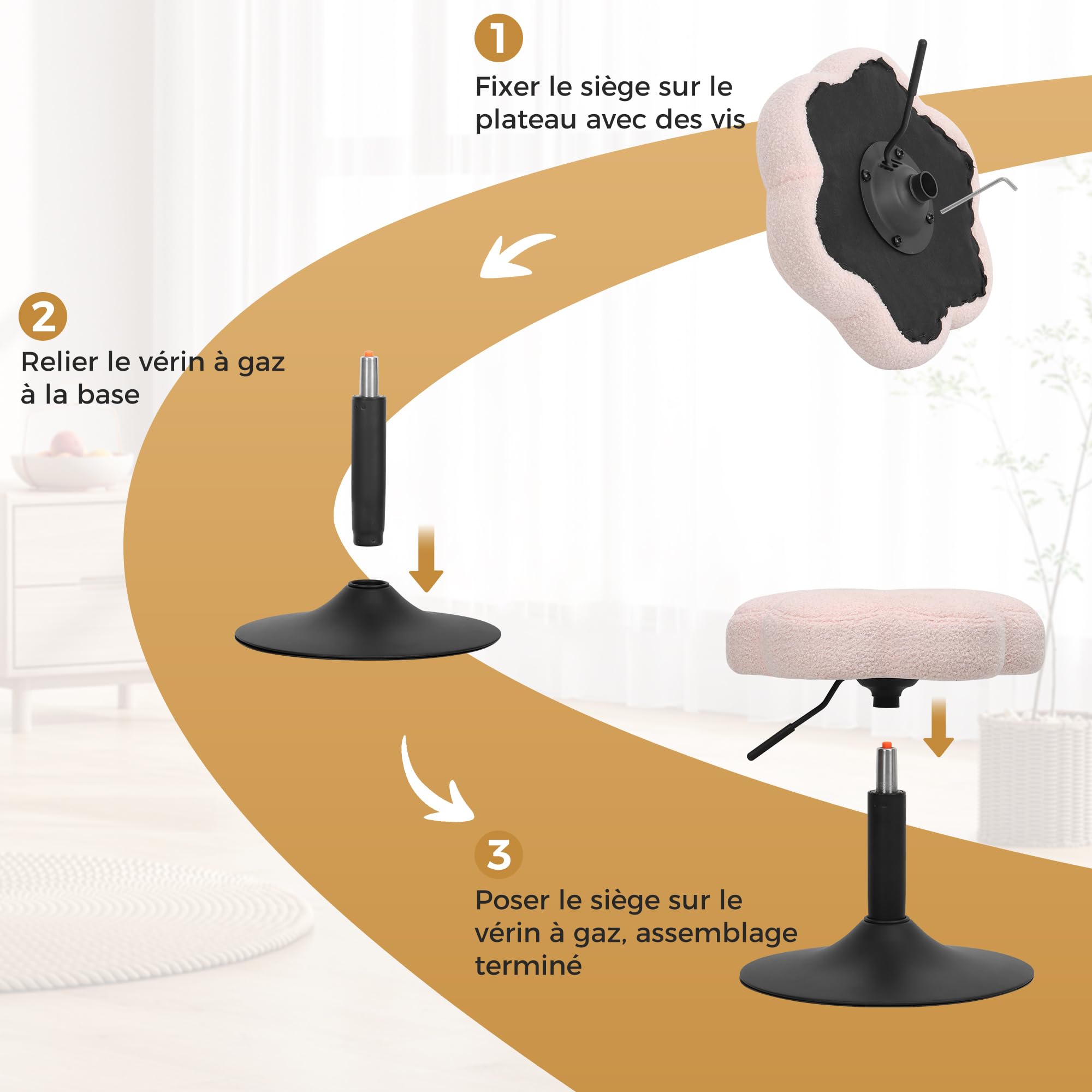 ELUCHANG Tabouret de Coiffeuse, Chaise de Maquillage, Rose Sherpa Tabouret en Forme de Pétale pour Chambre à Coucher, Salon, Bureau à Domicile, 360° Pivotant & Réglable en Hauteur