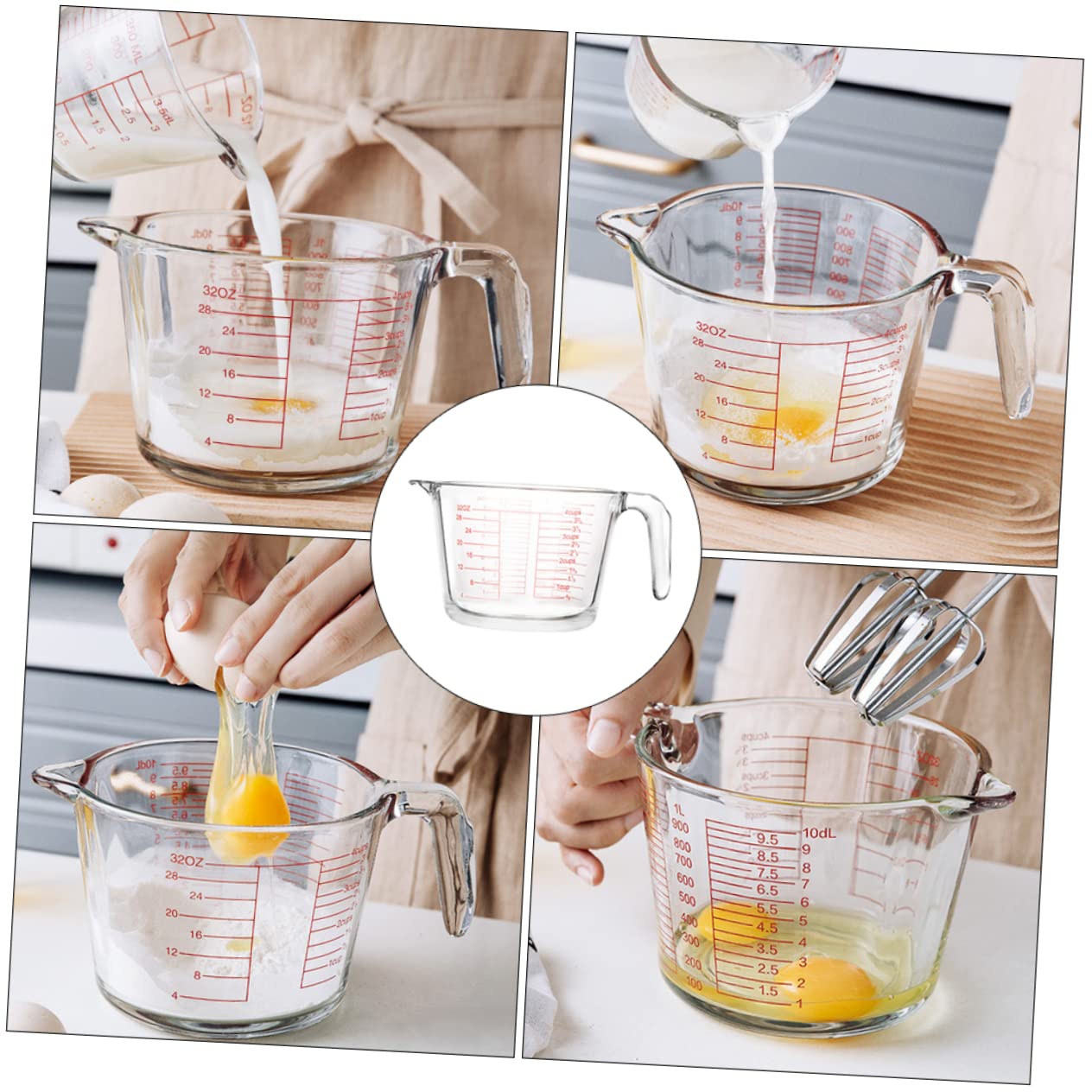 Glas Milchmessbecher 1000ml mit Skala für Küche und Backen | Klare Messskala, Hitzebeständiges Glas, Isolierter Griff, Leicht zu Reinigen für Sauce und Milch