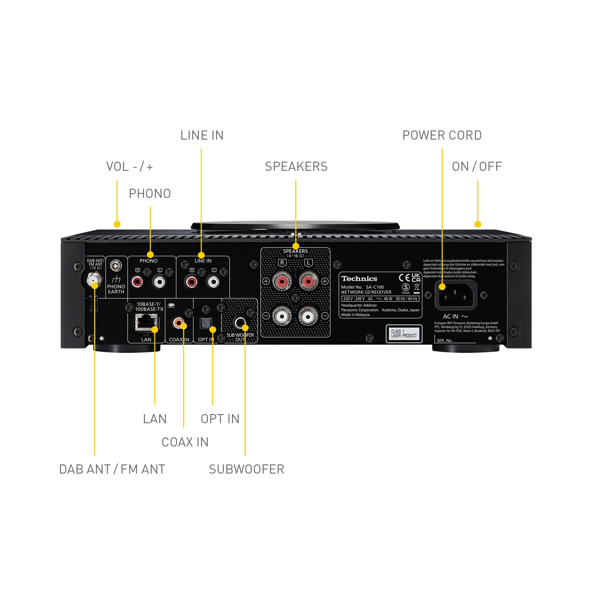 Technics SA-C100 Network Player con Amplificatore Integrato, Processore Jeno, Space Tune, CD, Radio, Phono, Ingresso Digitale Ottico e Coassiale e USB, Nero