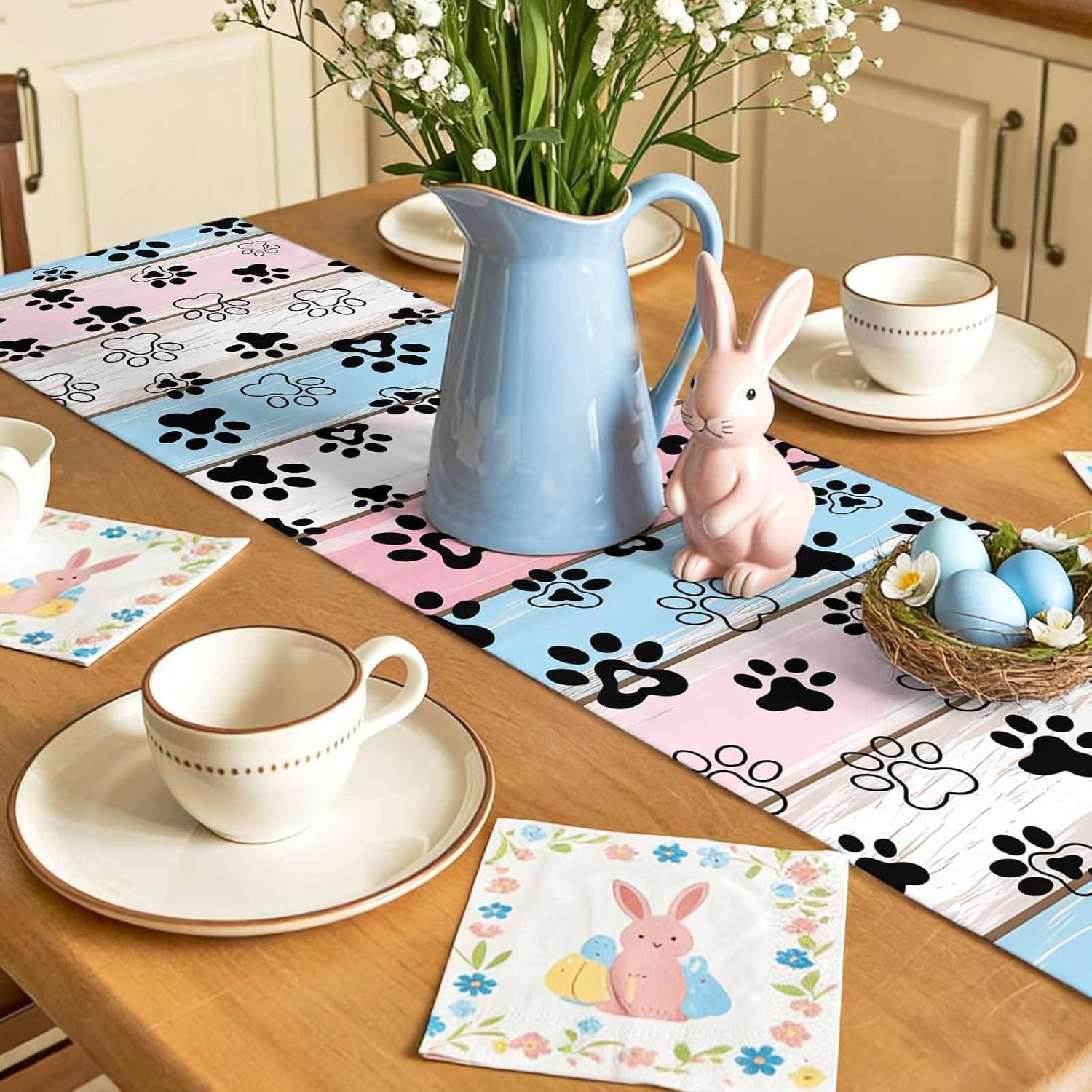 Pink Blue Paw Print Table Runner Linen Burlap Table Runner 120 Inches Long Vintage Farmhouse Wooden Grain Dresser Scarves for Kitchen Island Coffee Dining Room Party Wedding Holiday Decor 13"x120"