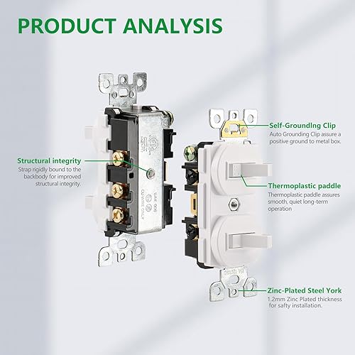 Miniatura 6 de Wengart Interruptor de luz de palanca doble, 15 amperios AC120 voltios, interruptor de pared eléctrico de grado residencial, ideal para el hogar,